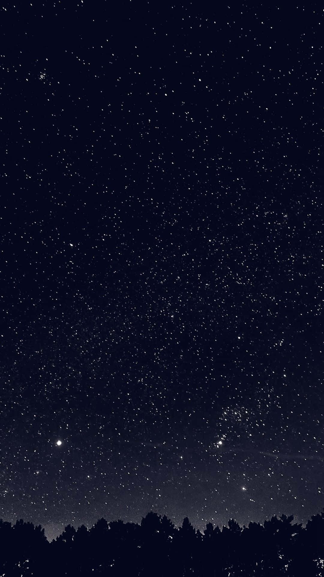 桌布 壁紙 — 一個繁星點點的夜空，無數閃爍的星星在黑暗的森林剪影之上。