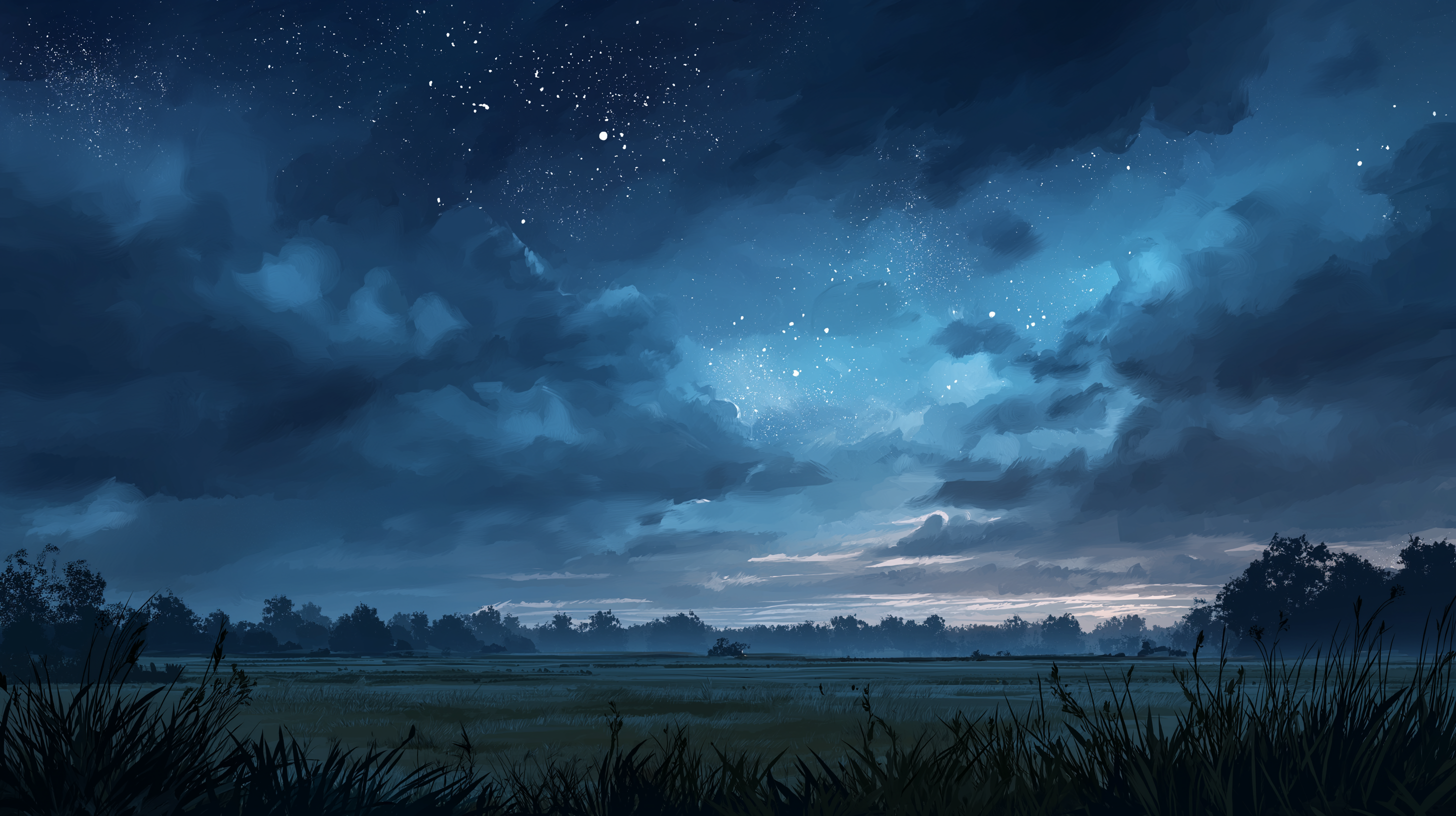 field 桌布 壁紙 — 一個繁星點點的夜空，發光的藍色雲朵飄浮在霧氣瀰漫的田野上空，田野四周環繞著深色樹木和高高的草叢。