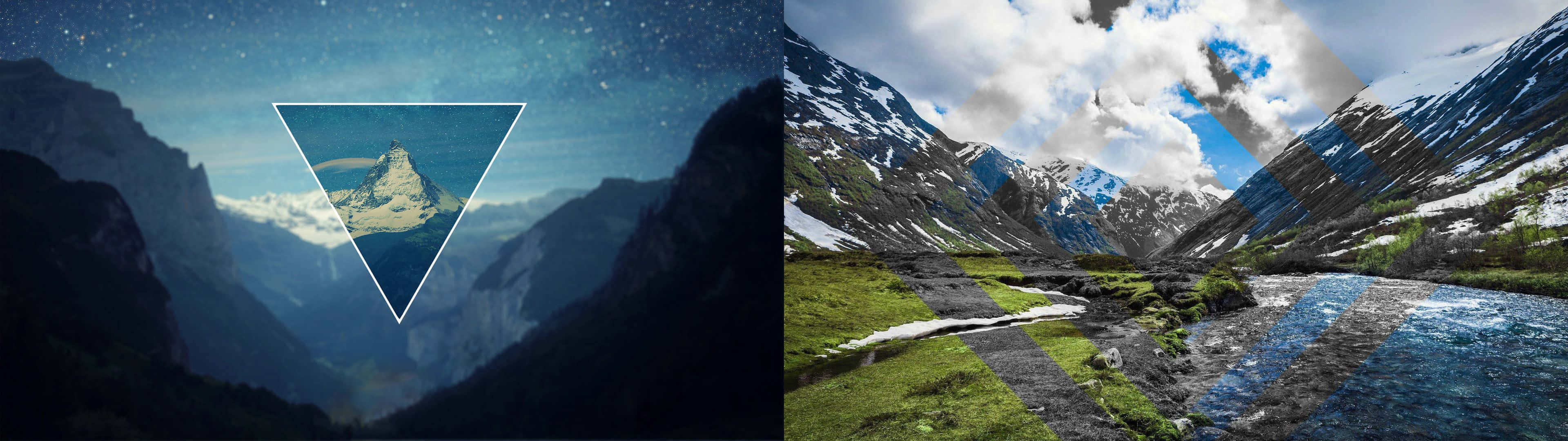 Mountain Range 桌布 壁紙 — 一個繁星點點的山谷框住一個三角形傳送門，顯露出一個積雪的山峰，旁邊是一條陽光普照的高山河流，蜿蜒穿過綠色草地和岩石斜坡。