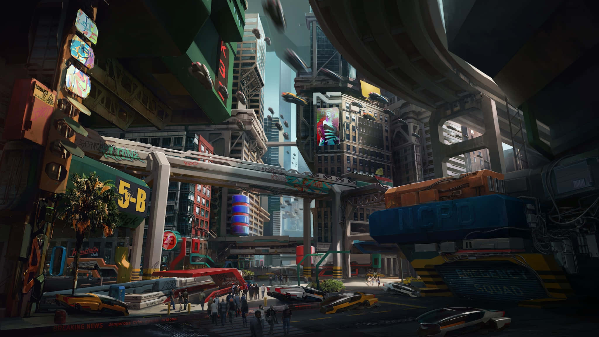 Cyberpunk Night City 桌布 壁紙 — 一個繁華的未來城市景觀，聳立的霓虹燈摩天大樓和頭頂飛行的車輛。