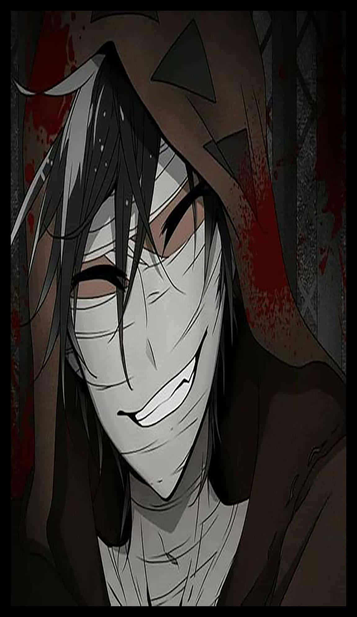 Jeff The Killer 桌布 壁紙 — 一個繃帶纏臉、身穿連帽斗篷的黑暗動漫角色，在血跡斑斑的背景前露出威脅性的微笑。