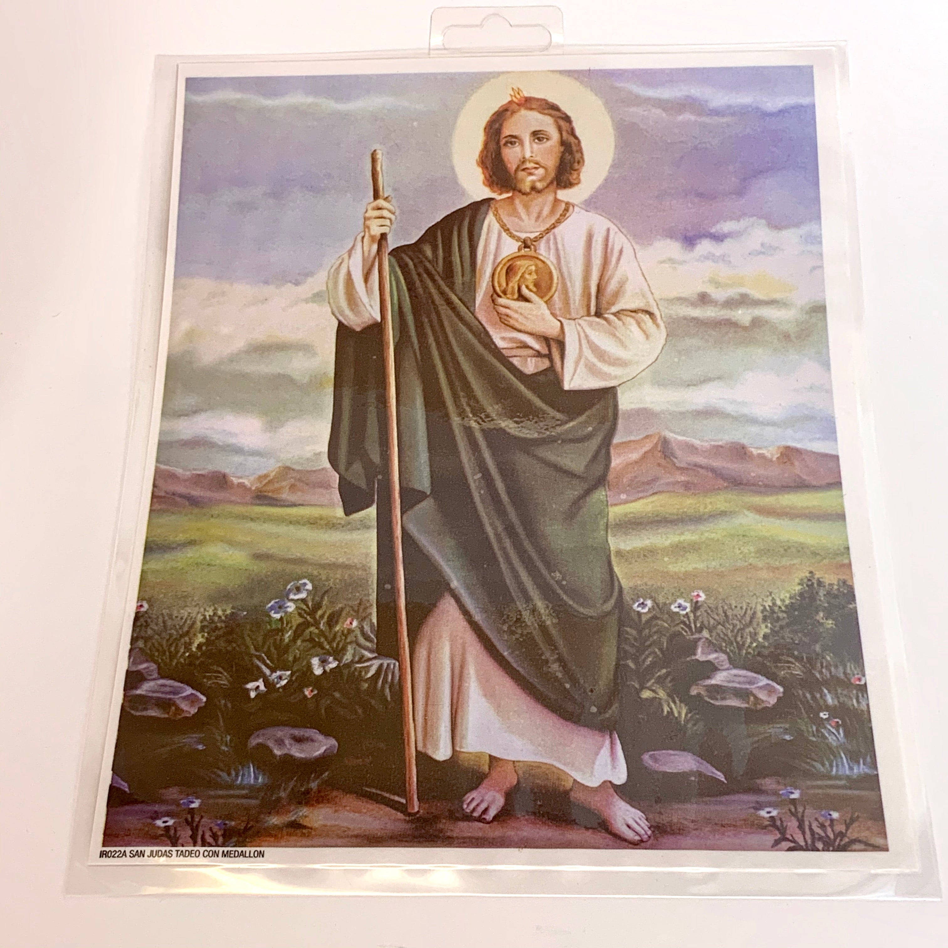 religion 桌布 壁紙 — 一個繪畫的宗教人物帶有光環，手持杖和獎章，站在有遠處山脈的草地上。