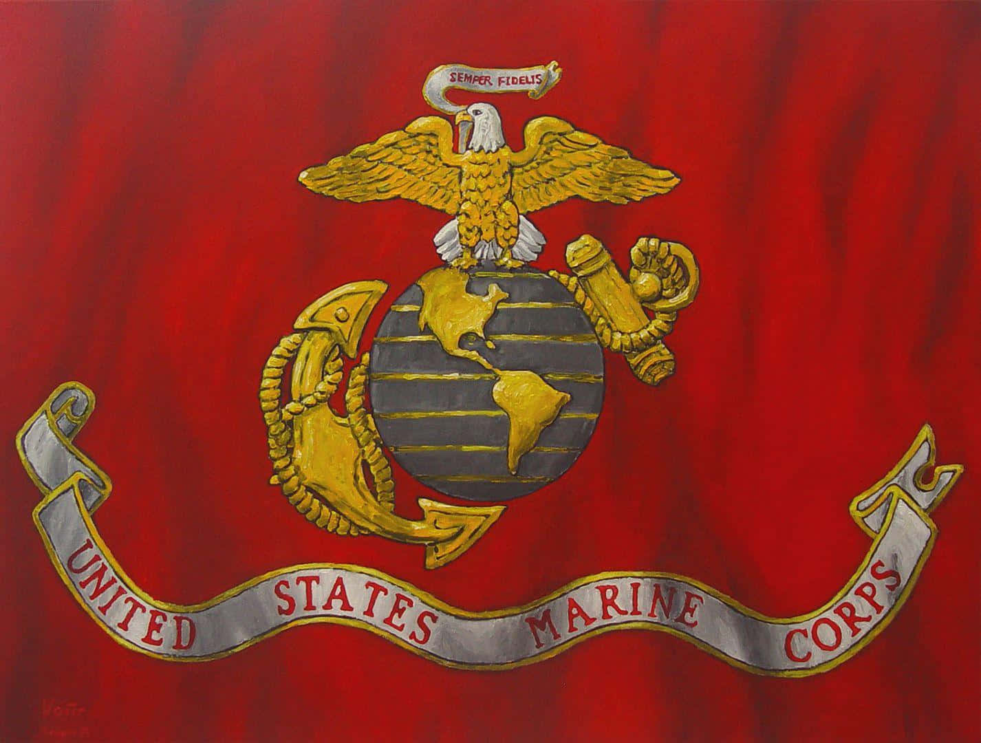 US Marines 桌布 壁紙 — 一個繪製的美國海軍陸戰隊徽章，帶有金色鷹、地球和錨，背景為有紋理的紅色。