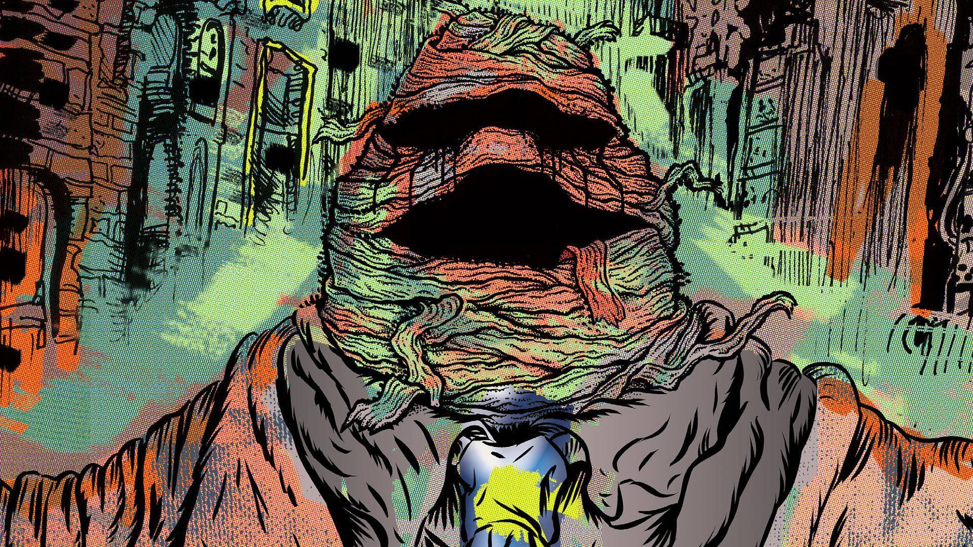 comic 桌布 壁紙 — 一個纏著繃帶、張著大嘴的怪獸，以粗獷的漫畫風格籠罩著城市街道。