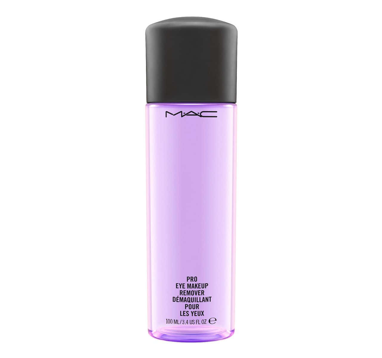 Mac Cosmetics 桌布 壁紙 — 一個纖細的MAC Pro Eye Makeup Remover瓶子，裝有薰衣草色液體和黑色蓋子，置於純白背景中央。