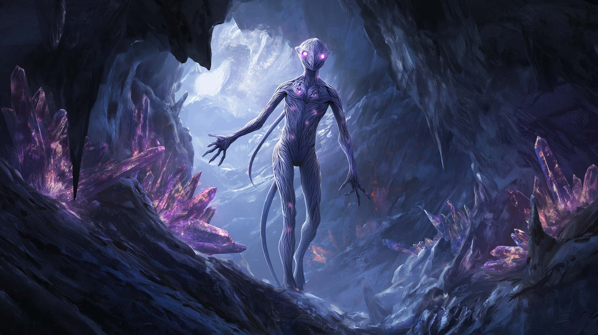 A mysterious humanoid alien with elongated limbs 壁紙 — 一個纖細的外星人，擁有發光的紫色眼睛和血管，站在一個由發光紫色水晶照亮的黑暗洞穴中。