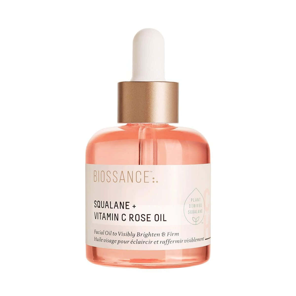 Rose Oil 桌布 壁紙 — 一個纖細的玻璃瓶，裝有BioSSANCE角鯊烷維生素C玫瑰油，帶白色滴管蓋，放在乾淨的白色背景上。