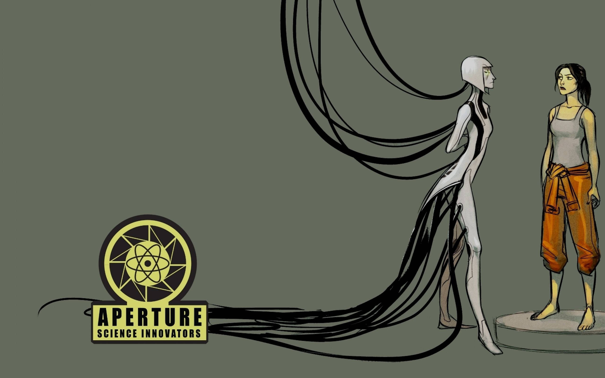 Portal 桌布 壁紙 — 一個纖細的白色身影帶有黑色觸手，在一個穿著橙色褲子的女人旁邊流動，背景是柔和的綠色，帶有Aperture Science標誌。