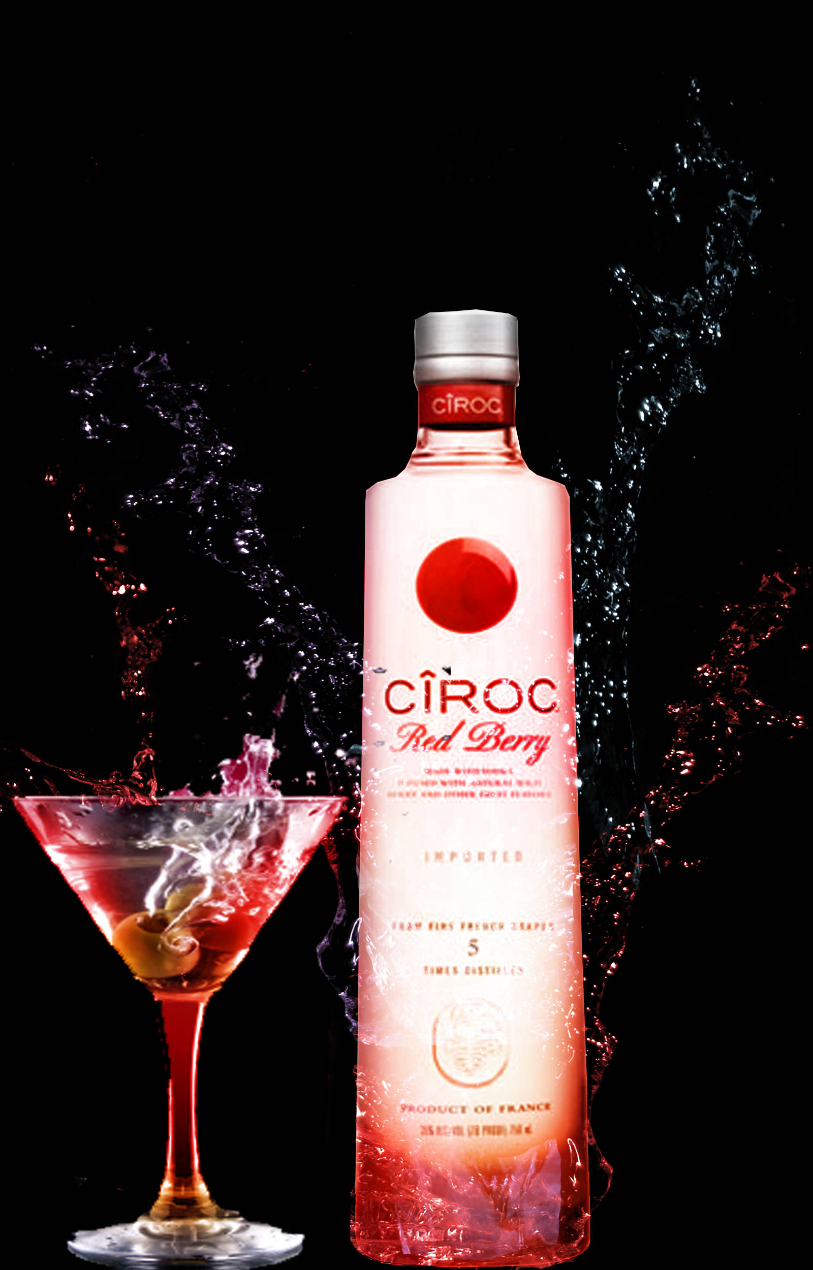 Drink 桌布 壁紙 — 一個纖細的粉紅色Ciroc Red Berry伏特加酒瓶放在馬丁尼酒杯旁邊，液體戲劇性地飛濺在黑色背景上。
