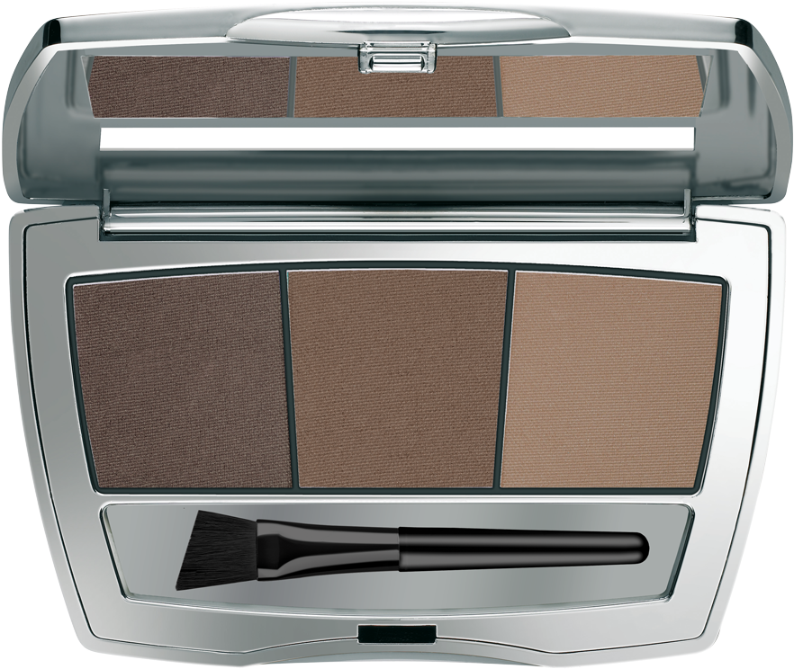 Makeup Kit 桌布 壁紙 — 一個纖薄的銀色眼影盤內含三個霧面棕色眼影粉餅，下方配有一支黑色刷具。
