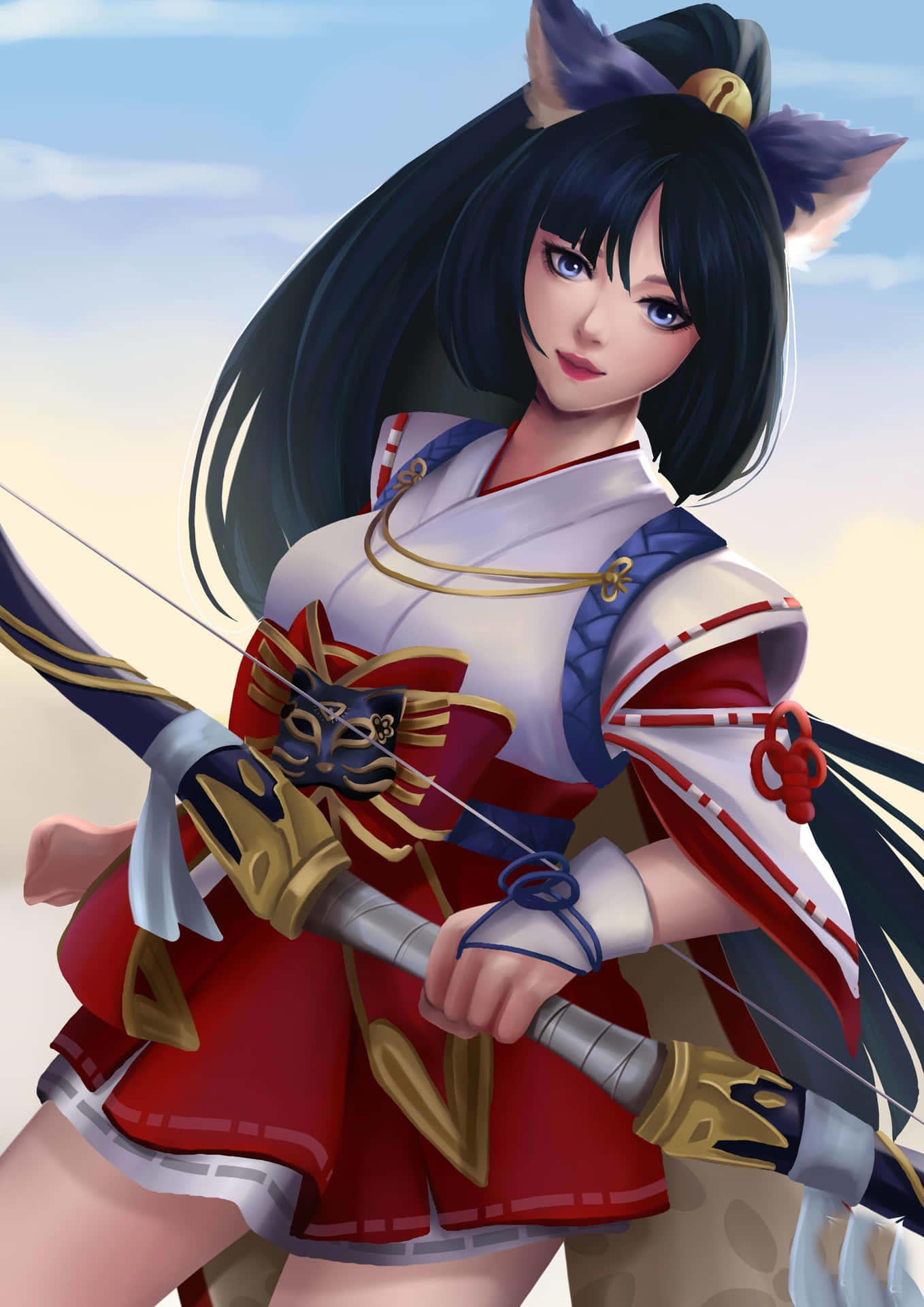 擁有狐狸耳朵的動漫女孩，穿著紅白相間的傳統服裝，手持弓箭。 — Mobile Legends 動態圖 壁紙
