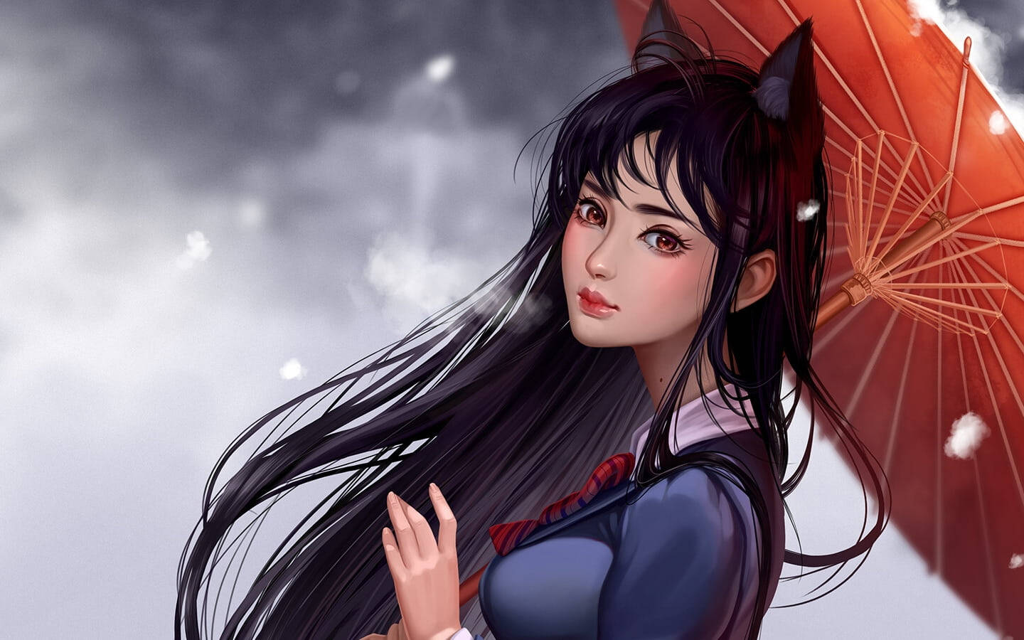 Komi San 桌布 壁紙 — 一個美麗的動漫女孩，長著狐狸耳朵，在雪白的灰色天空下撐著一把紅傘。