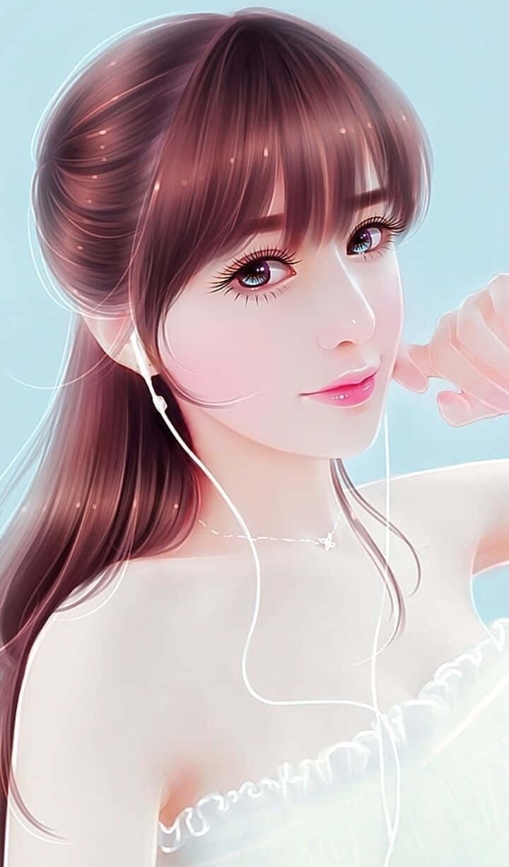 桌布 壁紙 — 一個美麗的動漫女孩，長長的棕色頭髮和藍色眼睛，在柔和的藍色背景前用白色耳機聽音樂。