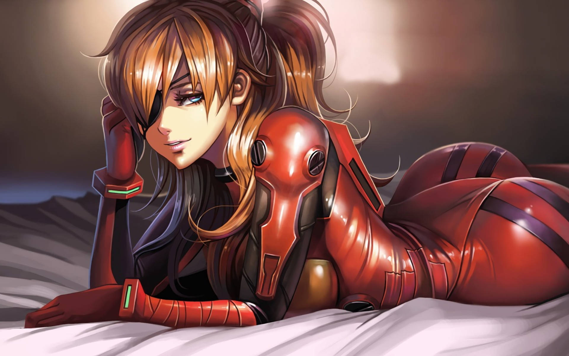 Sexy Anime 桌布 壁紙 — 一個美麗的動漫女孩，長長的棕色頭髮和一個眼罩，躺在白色表面上，穿著紅色裝甲服。