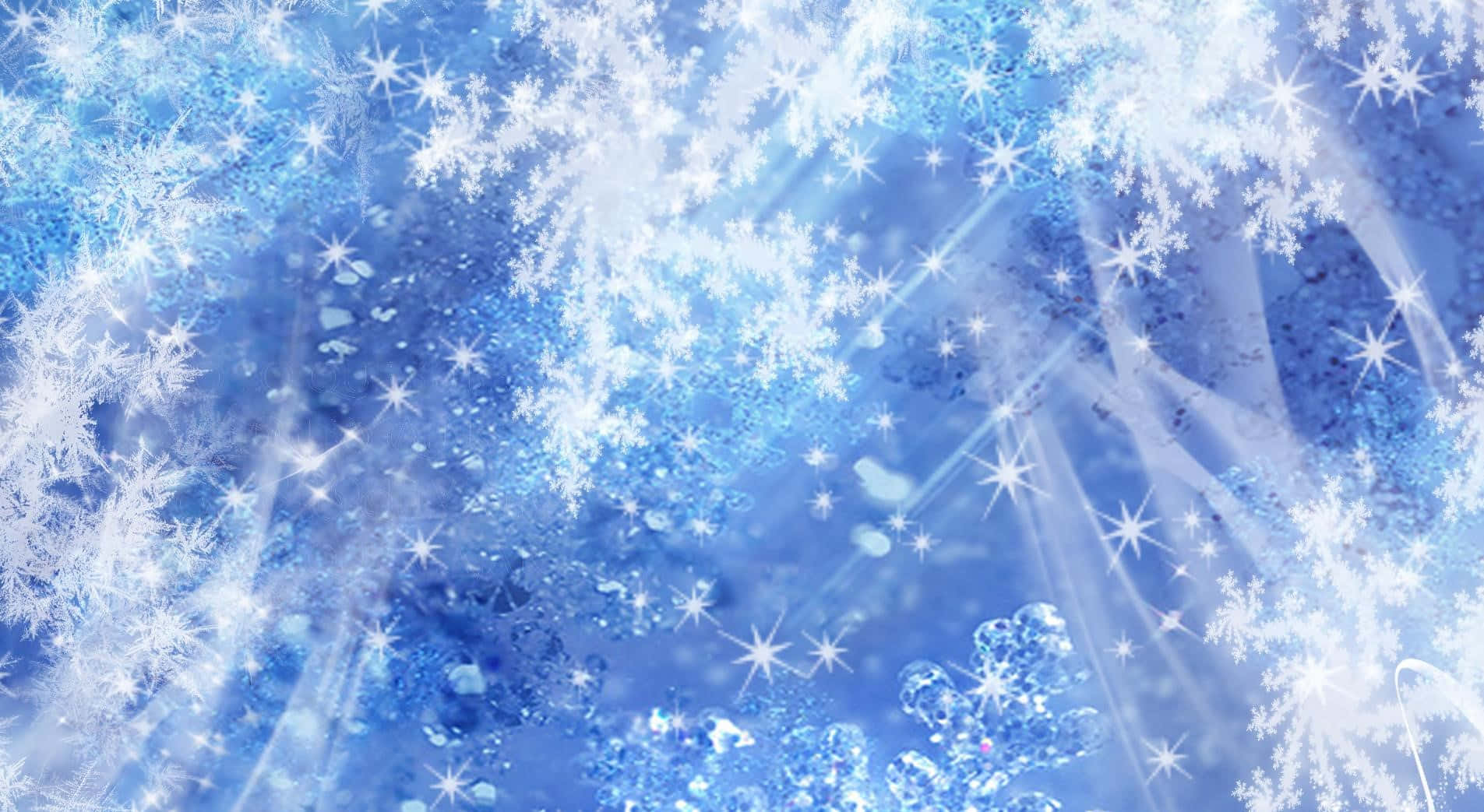 High Resolution Christmas 桌布 壁紙 — 一個耀眼的藍色冬日場景，帶有複雜的霜凍圖案和閃爍的星爆，在冰冷的背景下發光。