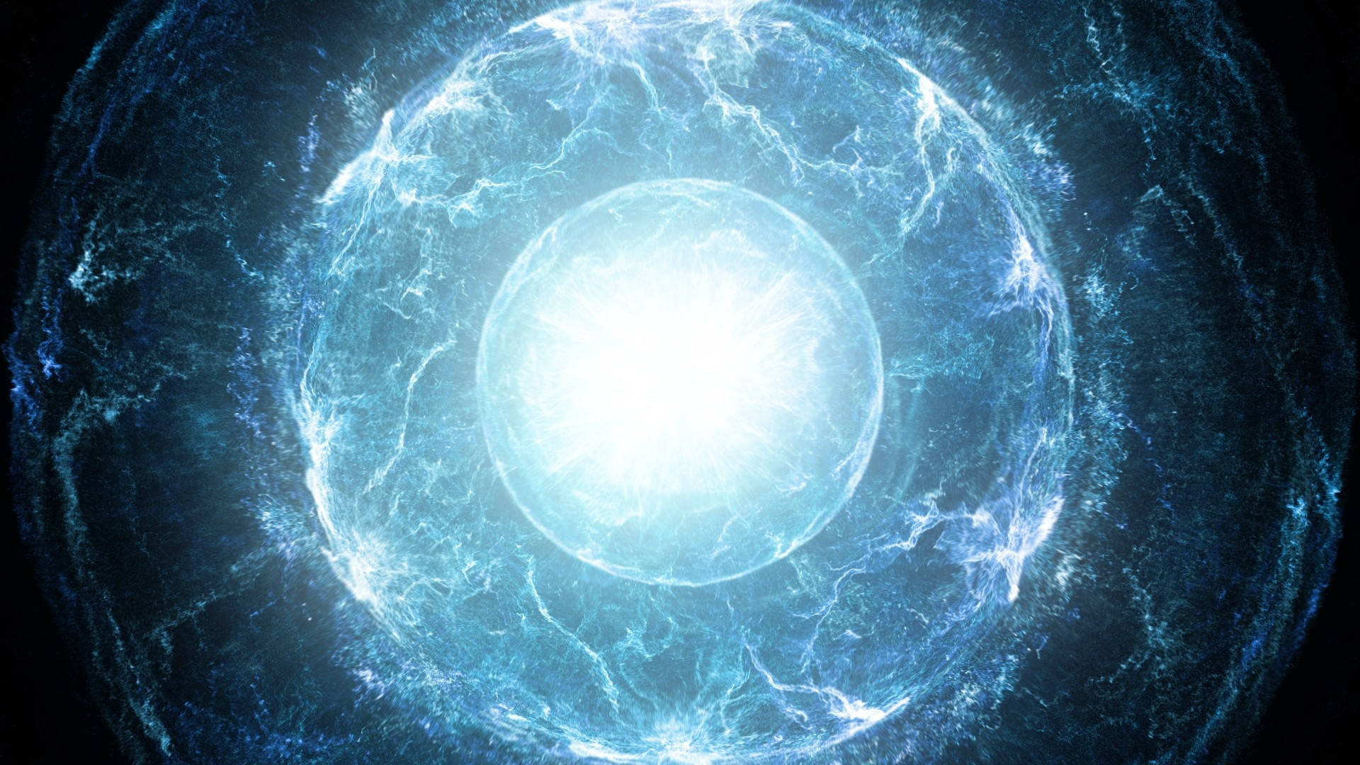 Energy 桌布 壁紙 — 一個耀眼的藍色能量球體在黑暗的宇宙虛空中脈動著電光般的紋理。