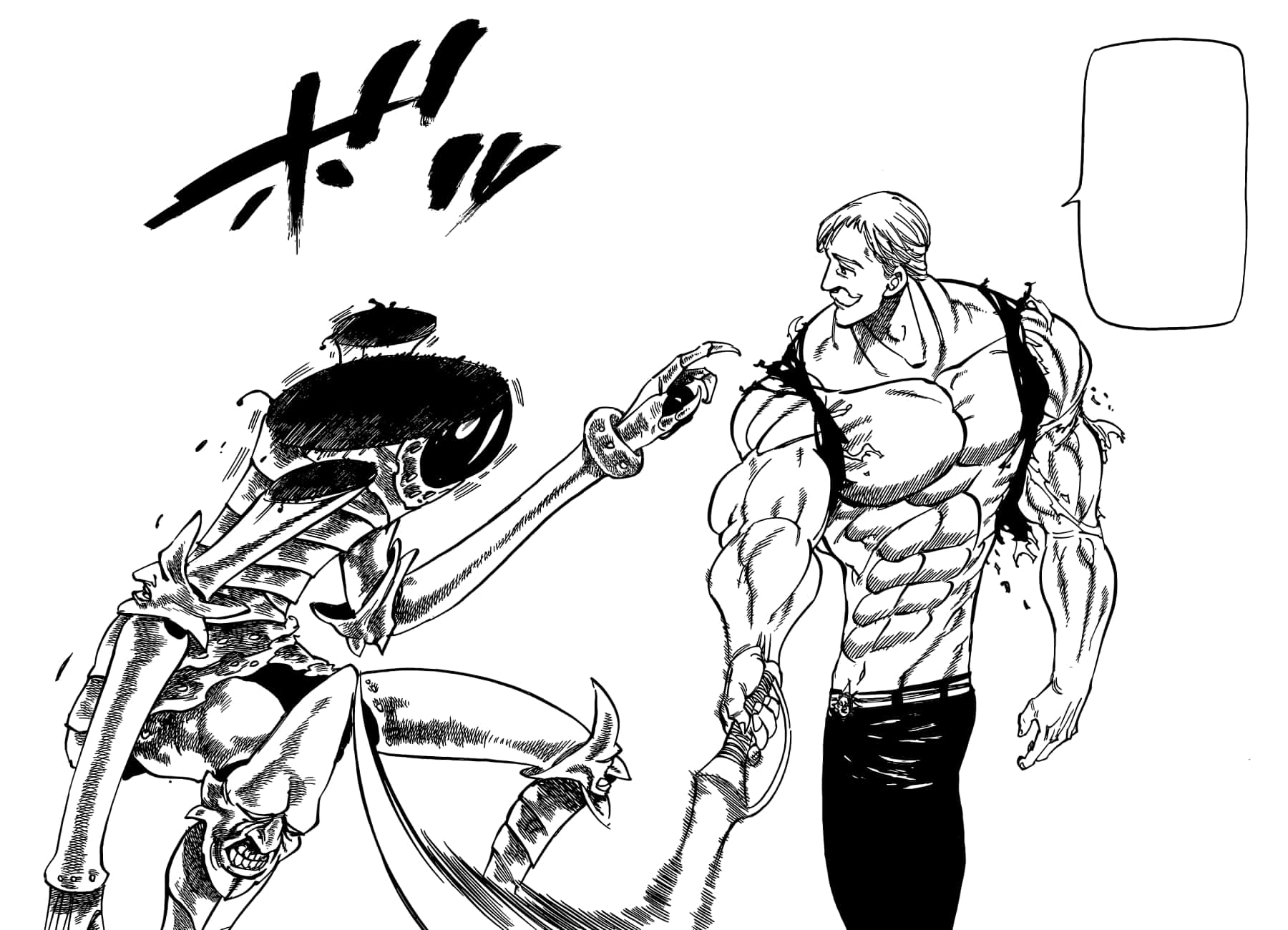 Escanor 桌布 壁紙 — 一個肌肉男在動態黑白漫畫面板中對抗一個怪獸般的外星生物。