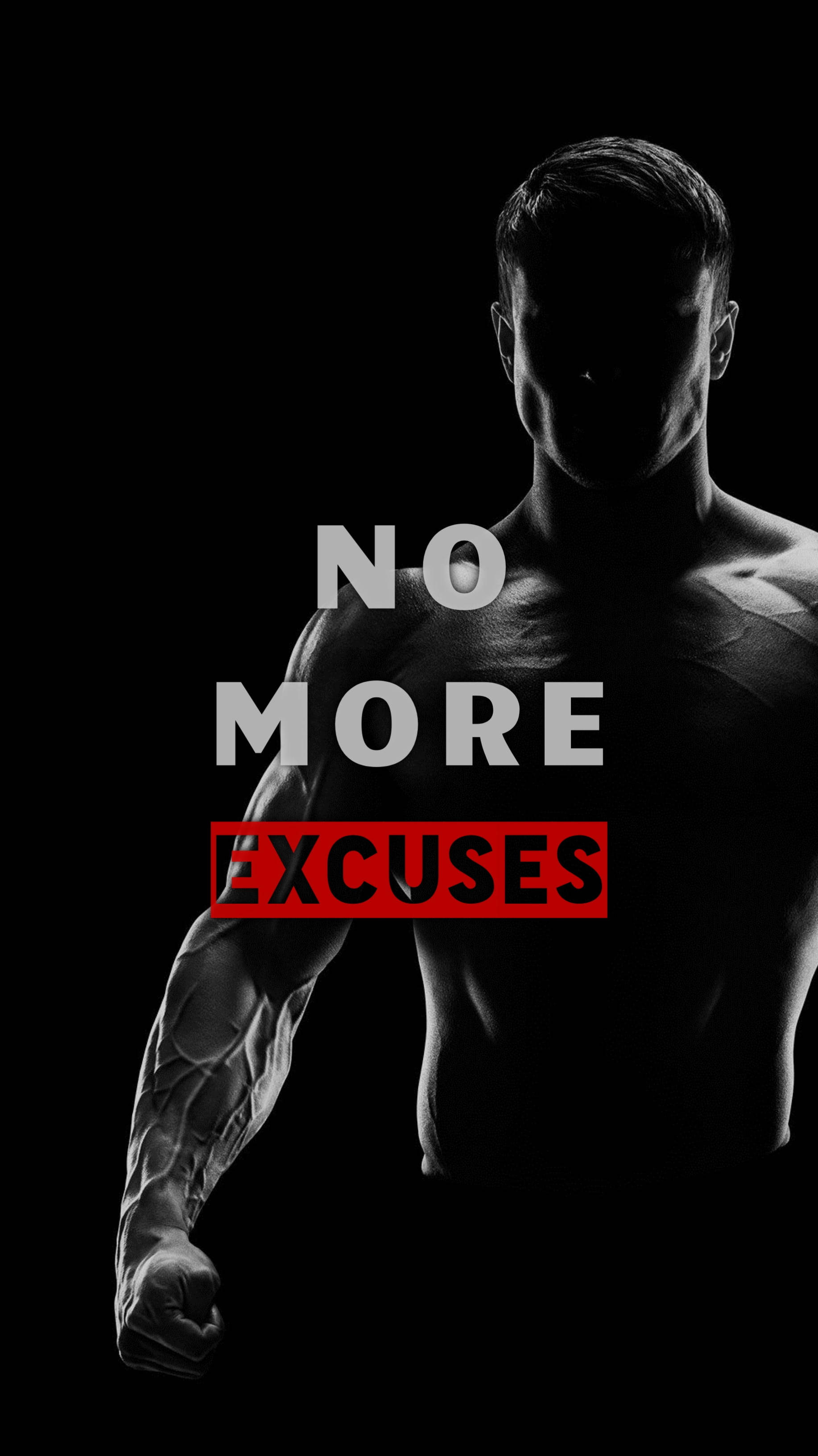 Fitness Motivation iPhone 桌布 壁紙 — 一個肌肉男的剪影在黑色背景上彎曲，並有粗體文字寫著 no more excuses。