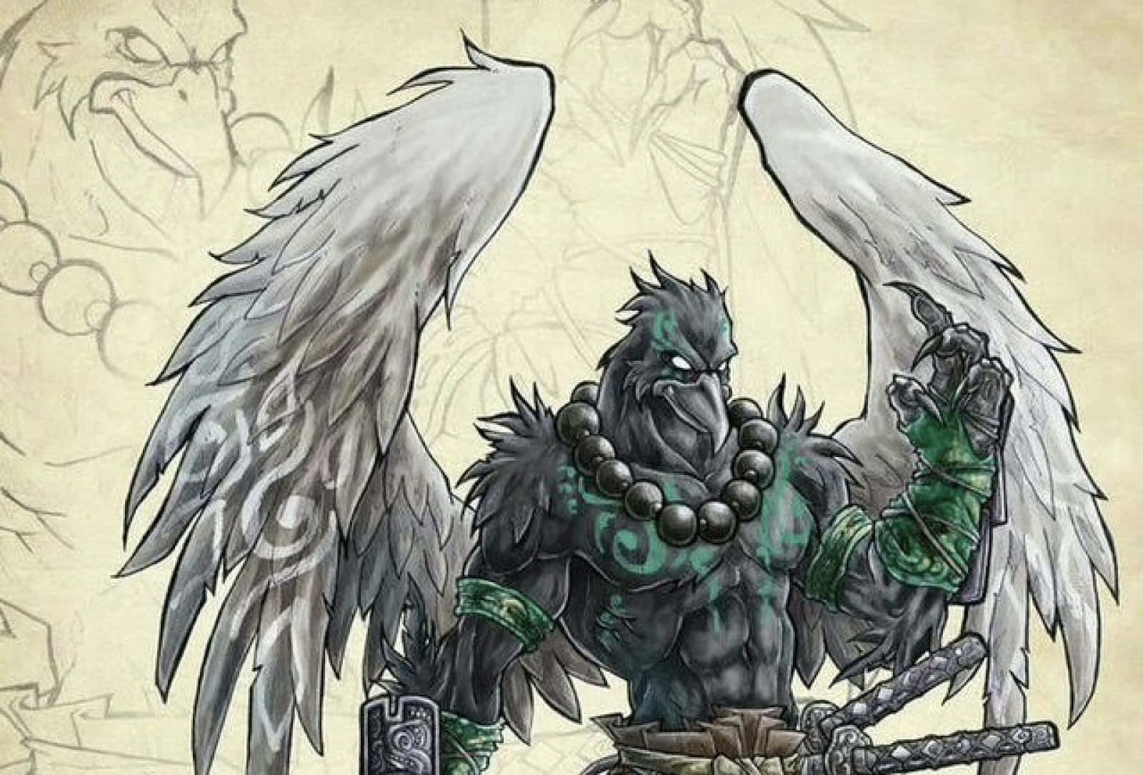 Tengu 桌布 壁紙 — 一個肌肉發達、像烏鴉的戰士，長有白色翅膀和綠色紋身，在羊皮紙背景前揮舞著劍。