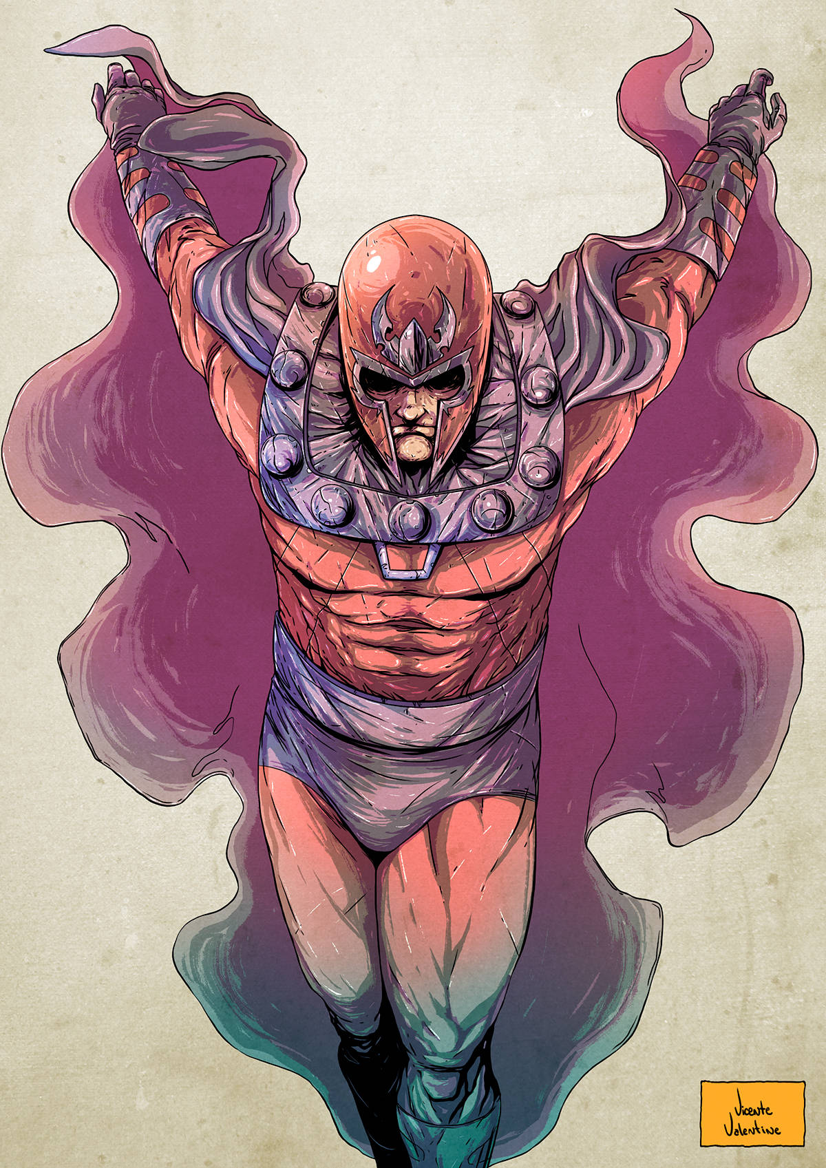Magneto 桌布 壁紙 — 一個肌肉發達、光頭、披著紫色斗篷的超級英雄，在帶有紋理的米色背景前，高舉雙臂，強而有力地站立。