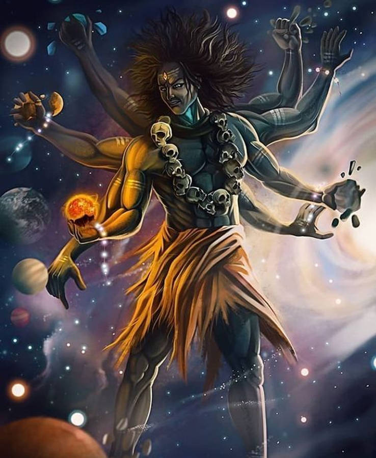 angry shiva 桌布 壁紙 — 一個肌肉發達、多臂的宇宙神祇，頭髮狂野，戴著骷髏項鍊，在旋轉的星系和行星之間跳舞。