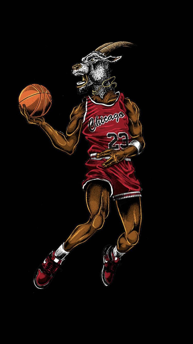 籃球 Jordan 桌布 壁紙 — 一個肌肉發達、山羊頭的籃球運動員，身穿紅色芝加哥球衣，在黑色背景前運球。