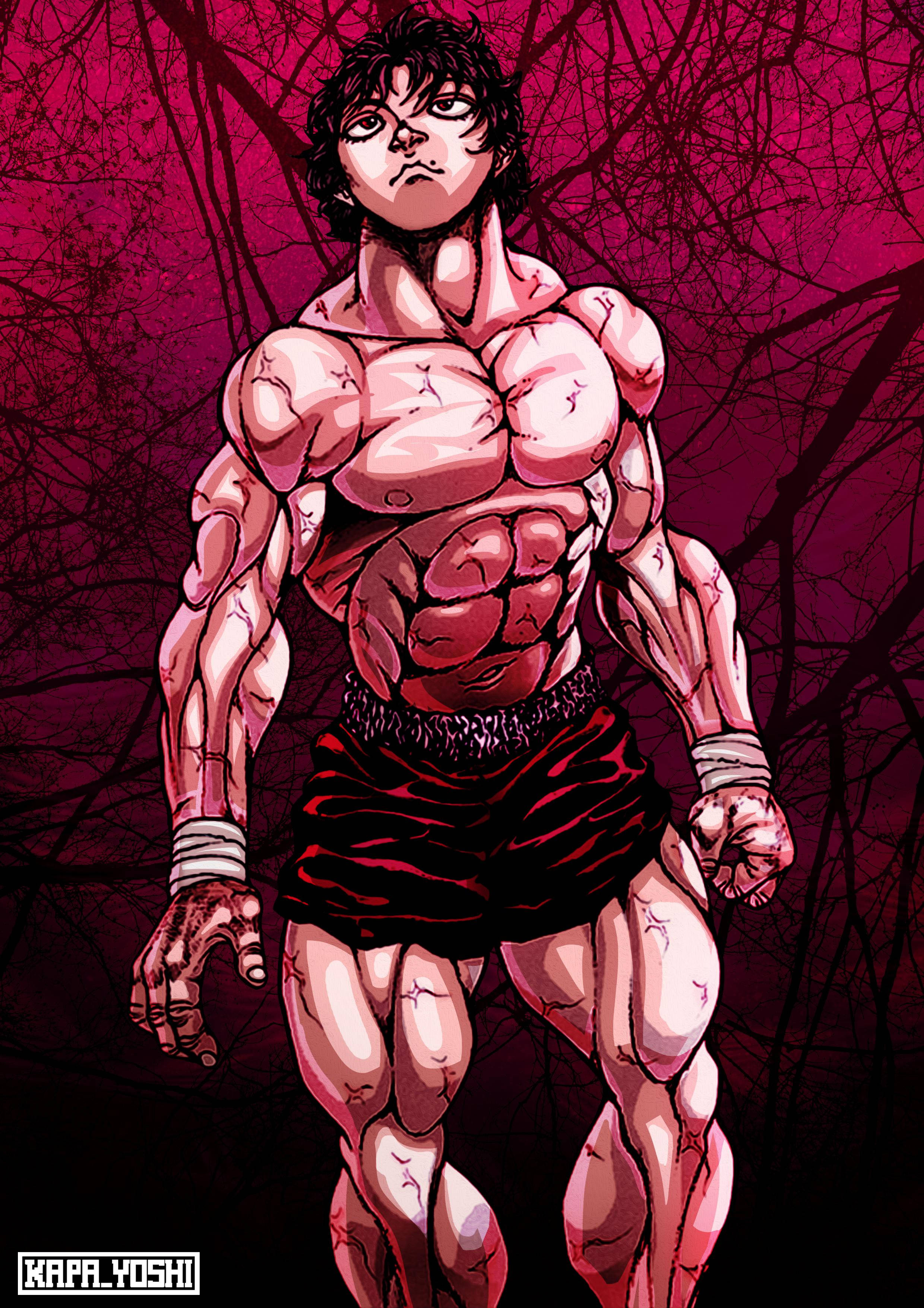 Baki 桌布 壁紙 — 一個肌肉發達、帶有傷疤的動漫戰士，在暗紅色背景和光禿樹枝前挑釁地站立。