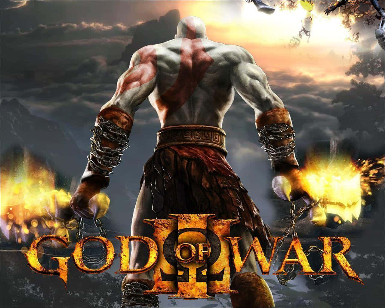 God Of War 3 桌布 壁紙 — 一個肌肉發達、帶有紅色刺青的戰士，背對著熾熱的爆炸和暴風雨的天空，手持鎖鏈武器。