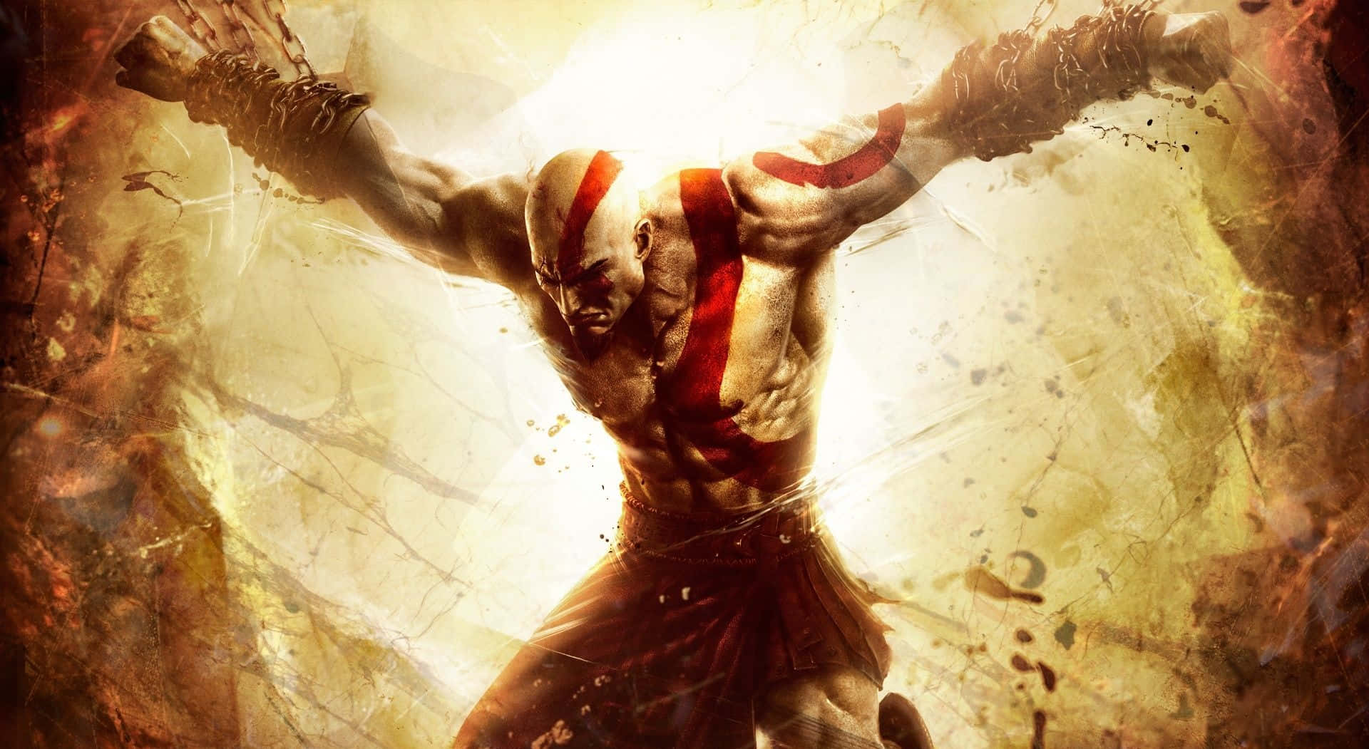 God Of War 3 桌布 壁紙 — 一個肌肉發達、帶有紅色標記的戰士，在熾熱發光的背景下舉起被鎖鏈束縛的雙臂。