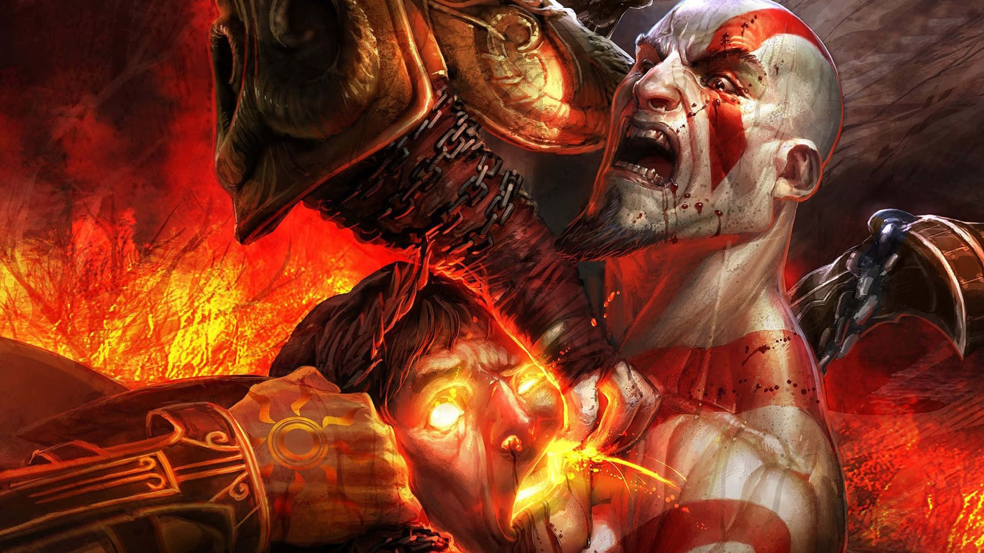 God Of War 3 桌布 壁紙 — 一個肌肉發達、帶有紅色標記的戰士在火焰背景中尖叫著用火焰錘砸碎敵人的頭骨。