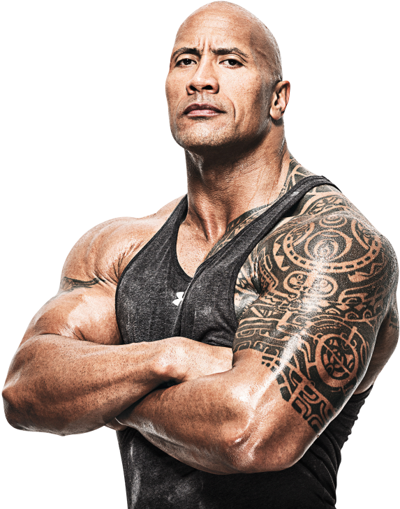 Dwayne 桌布 壁紙 — 一個肌肉發達、帶有部落紋身的男人在黑色背景前交叉雙臂，散發出力量和自信。