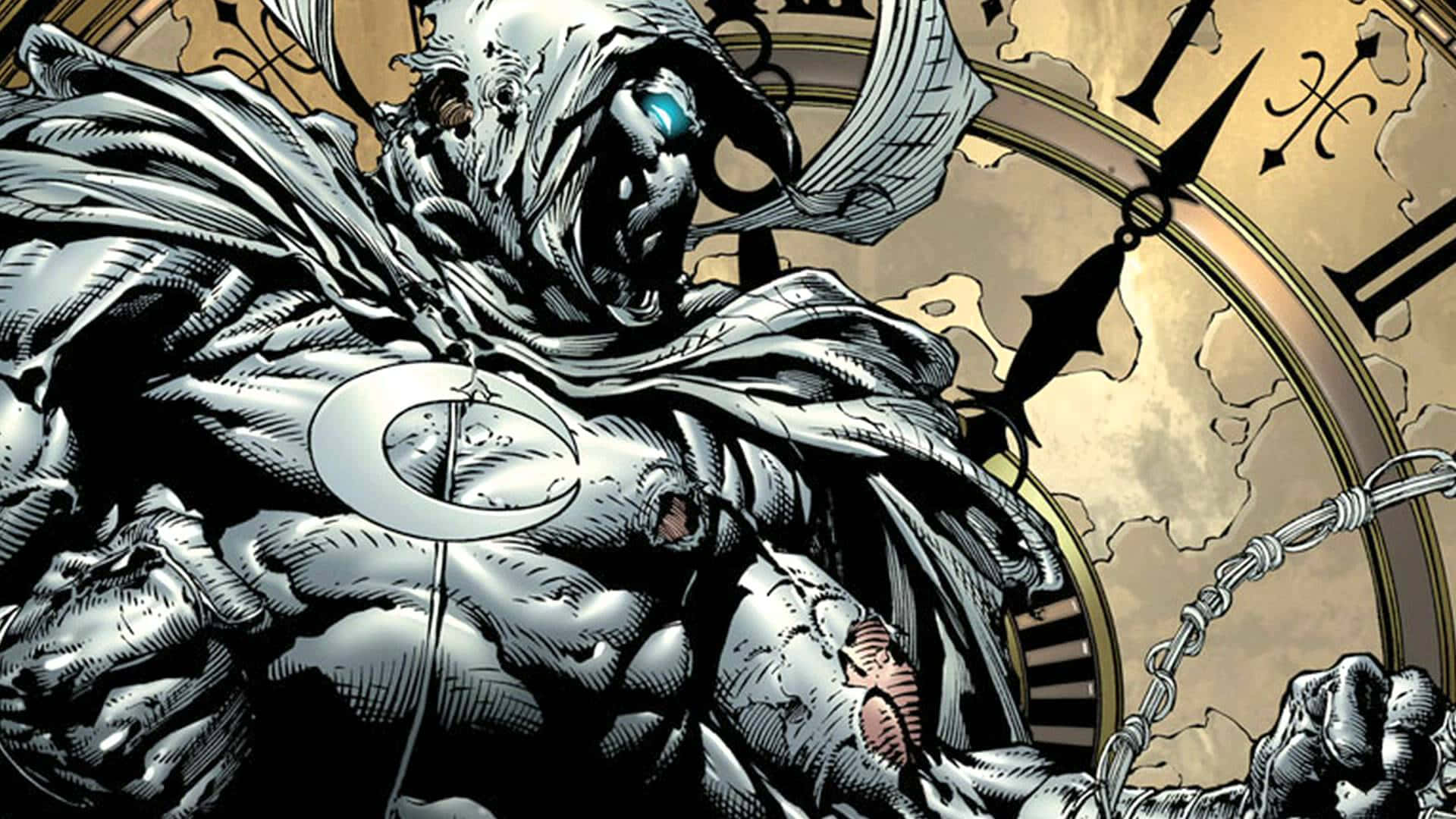 Moon Knight 桌布 壁紙 — 一個肌肉發達、戴著兜帽的人物，擁有發光的藍色眼睛和時鐘面背景，以粗糙的漫畫藝術風格呈現。