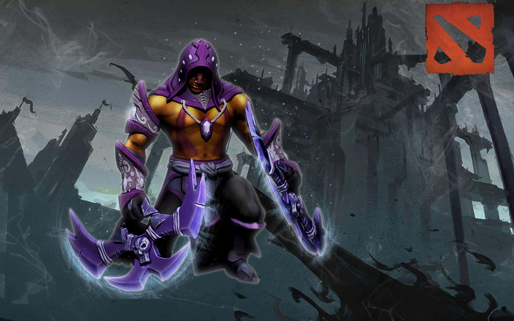 Anti-mage 桌布 壁紙 — 一個肌肉發達、戴著兜帽的戰士身穿紫色盔甲，在黑暗的廢墟城市景觀中揮舞著發光的斧頭。