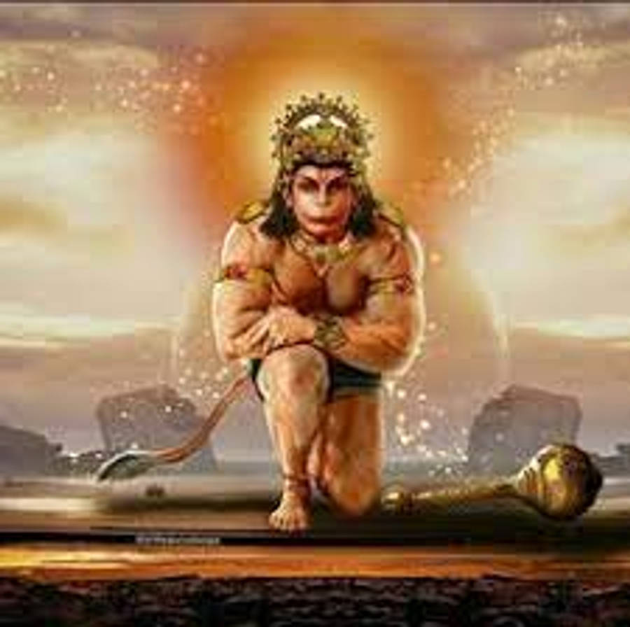 Hindu God 桌布 壁紙 — 一個肌肉發達、戴著王冠的猴神盤腿坐在金色王座上，背景是閃耀的日落天空。