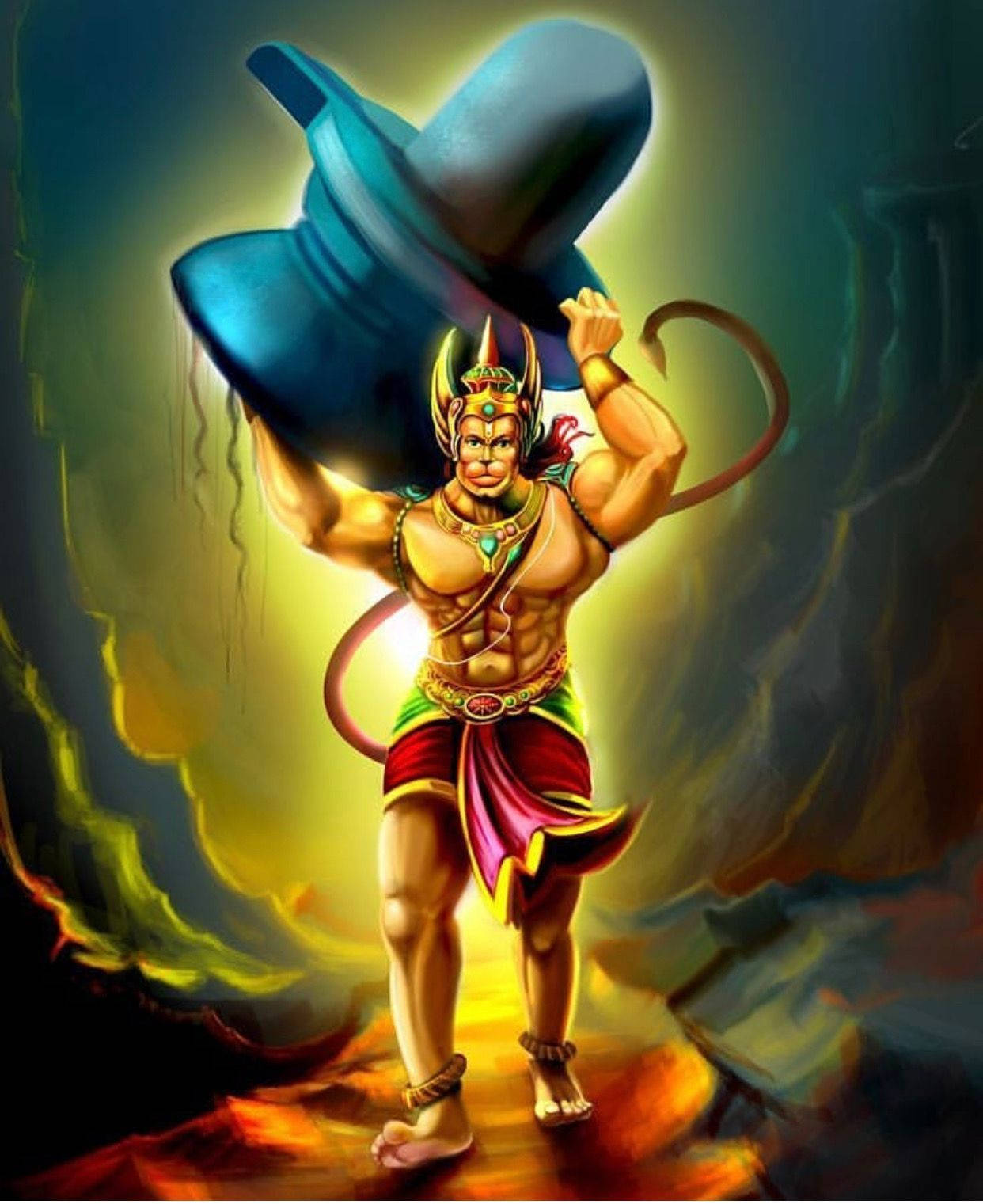 Hanuman 桌布 壁紙 — 一個肌肉發達、戴著皇冠和尾巴的猴神，在熾熱的宇宙背景下，將一個發光的藍色罐子高舉過頭頂。