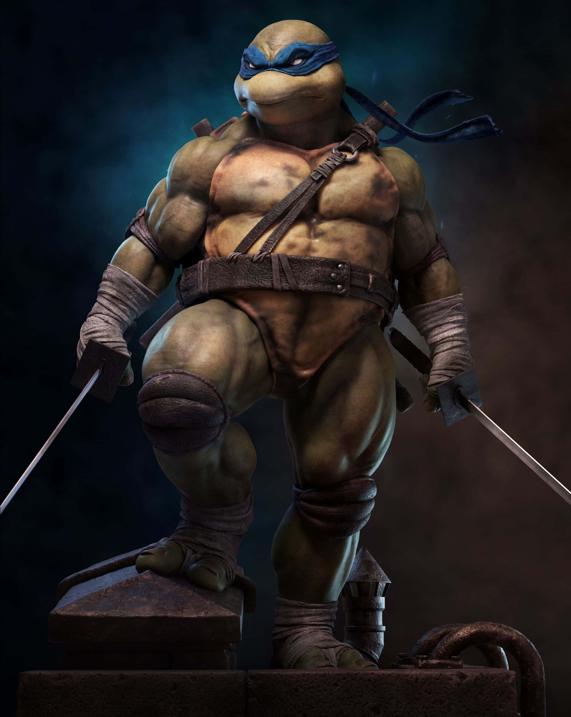 Teenage Mutant Ninja Turtles Comic Book 桌布 壁紙 — 一個肌肉發達、戴著藍色面具的烏龜戰士，在黑暗煙霧背景下的石台上，手持雙刀擺出姿勢。