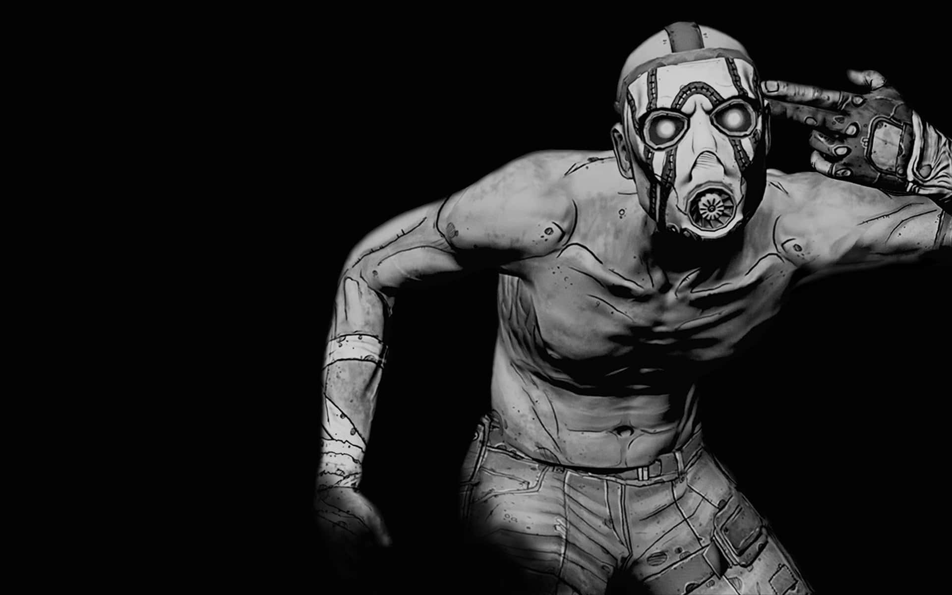 Borderlands 桌布 壁紙 — 一個肌肉發達、戴著防毒面具和手套的面具人物，在鮮明的黑色背景前以高對比度黑白風格敬禮。
