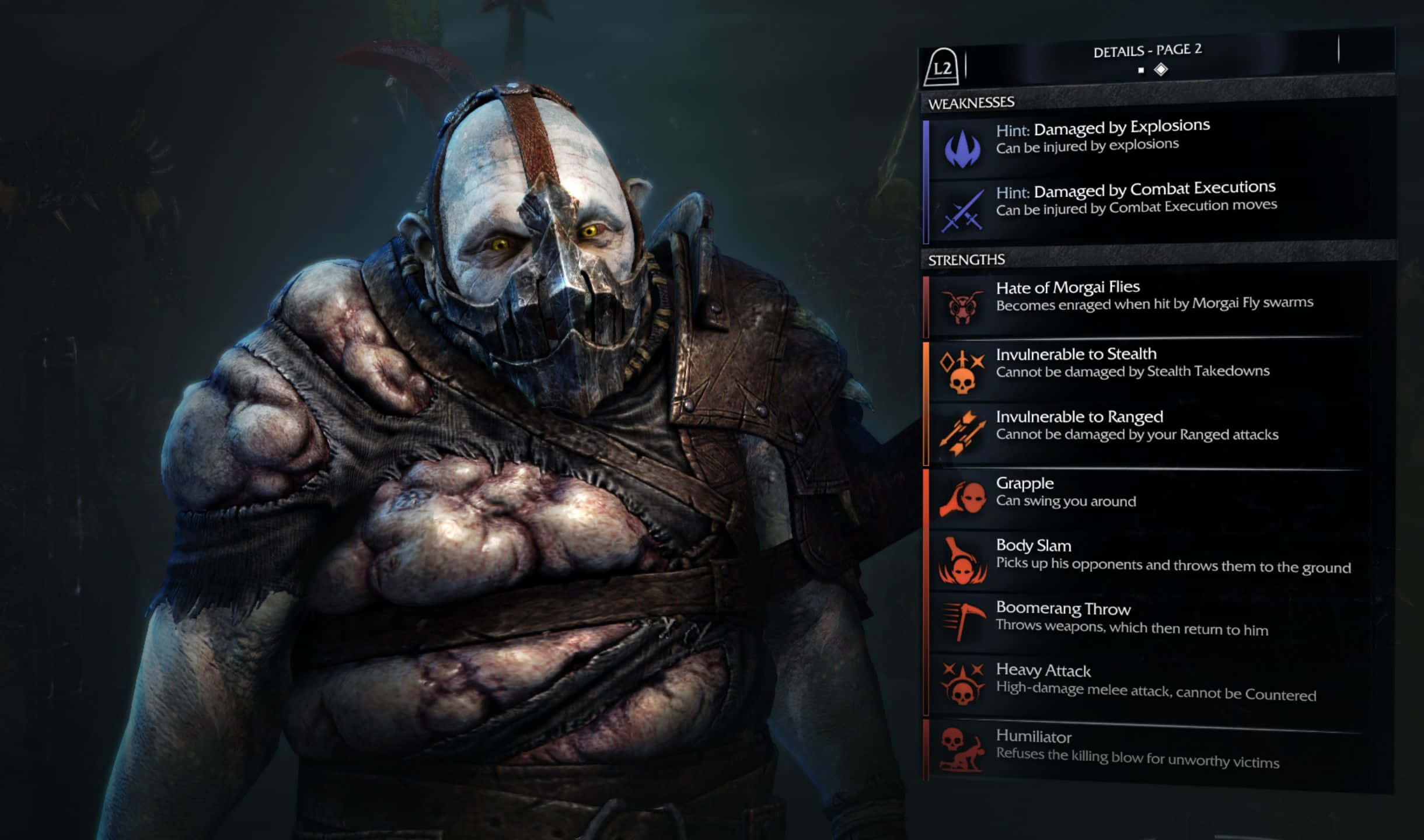 2440x1440 Shadow Of Mordor 桌布 壁紙 — 一個肌肉發達、戴著面具的戰士，擁有發光的黃色眼睛和戰鬥傷疤，站在一個顯示他戰鬥數據的黑暗遊戲介面中。