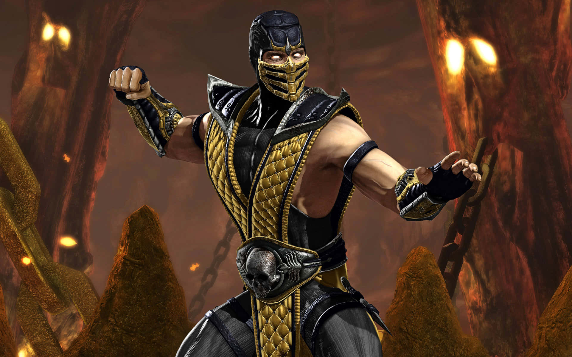Mortal Kombat Legacy 桌布 壁紙 — 一個肌肉發達、戴著面具的戰士，身穿黑色和金色的盔甲，在熾熱的岩石廢墟中擺出戰鬥姿勢。