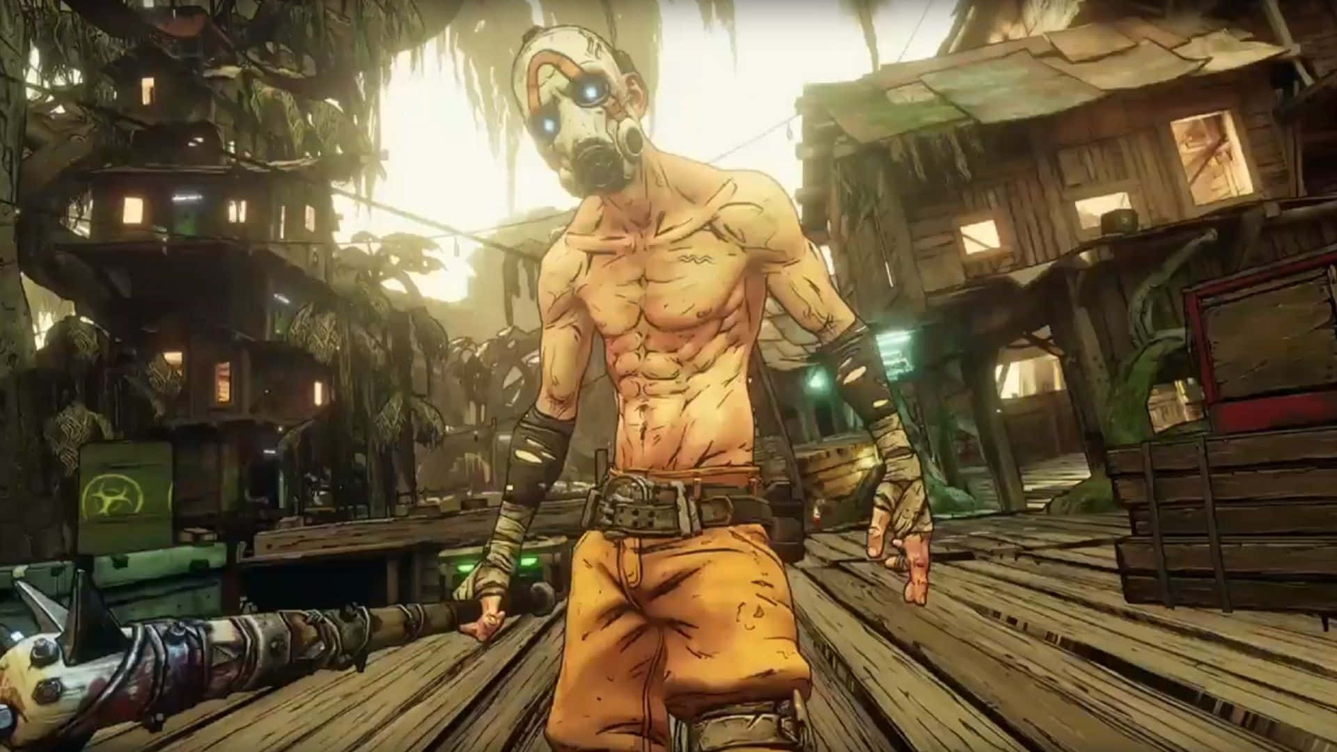 Borderlands 3 桌布 壁紙 — 一個肌肉發達、戴著面具的戰士站在腐朽叢林村莊的木碼頭上，眼睛發光，身旁有武器。