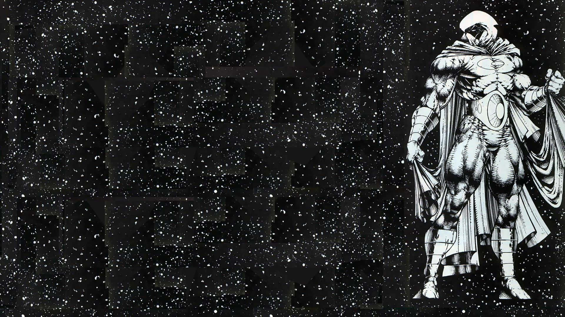 Moon Knight 桌布 壁紙 — 一個肌肉發達、戴著面具的超級英雄，披著飄逸的斗篷，英勇地站在滿是星辰的宇宙虛空中。
