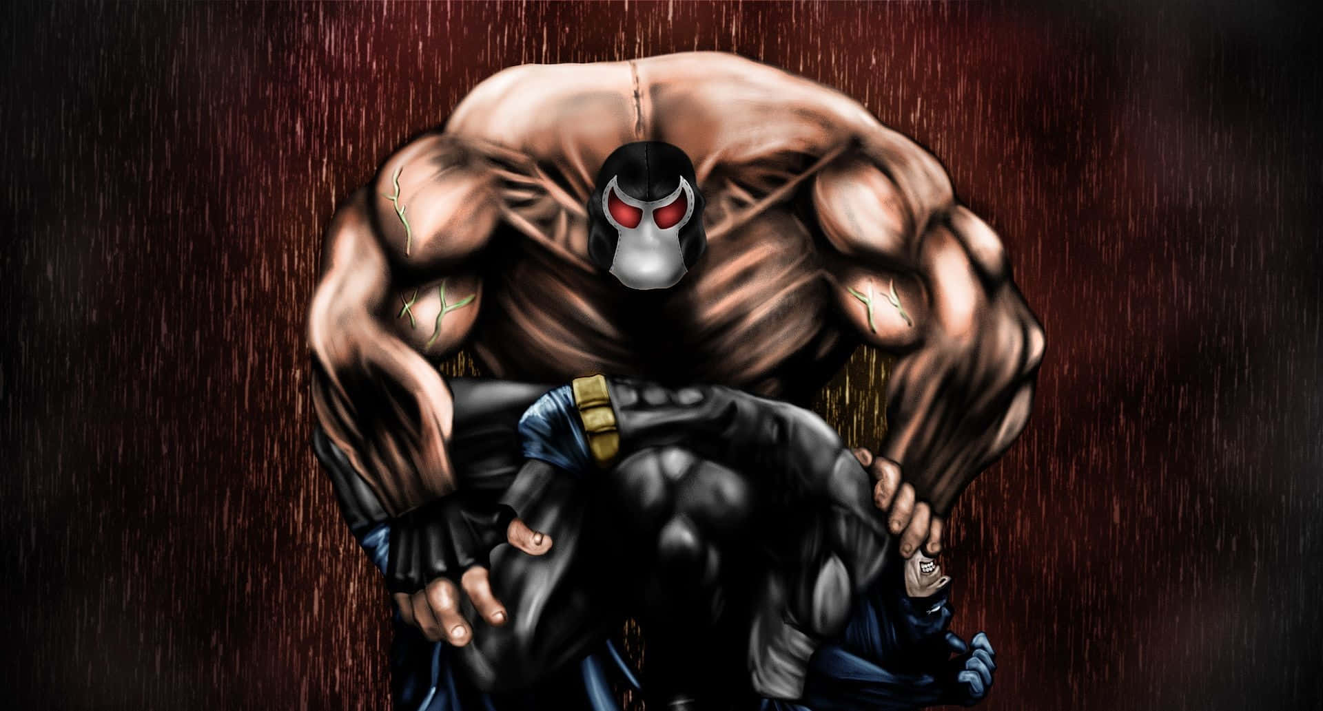 Batman Knightfall 桌布 壁紙 — 一個肌肉發達、戴面具、眼睛發出紅光的超級英雄在潮濕陰暗的環境中舉起一個較小的人物。