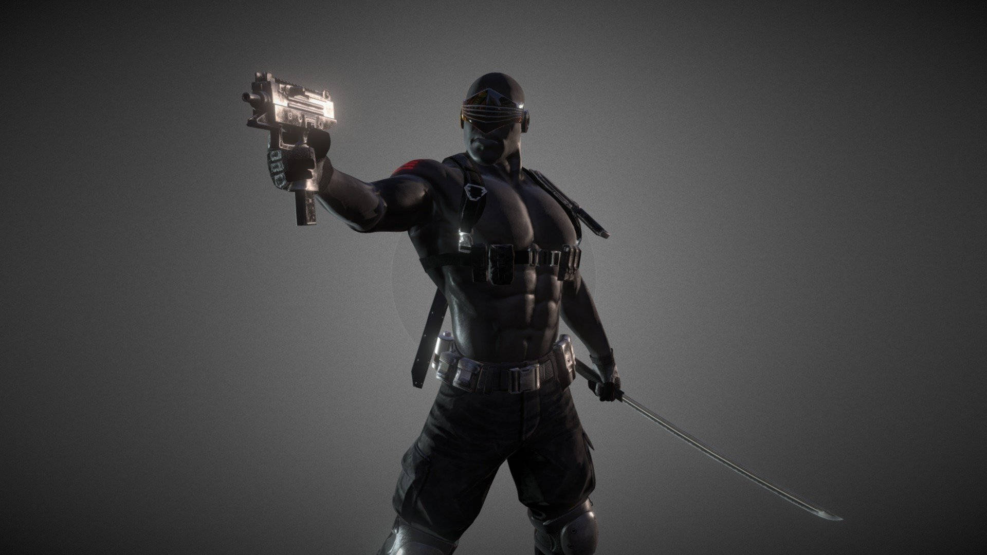 Snake Eyes 桌布 壁紙 — 一個肌肉發達、戴面具的士兵身穿黑色戰術裝備，手持發光手槍並握劍，背景為深灰色。