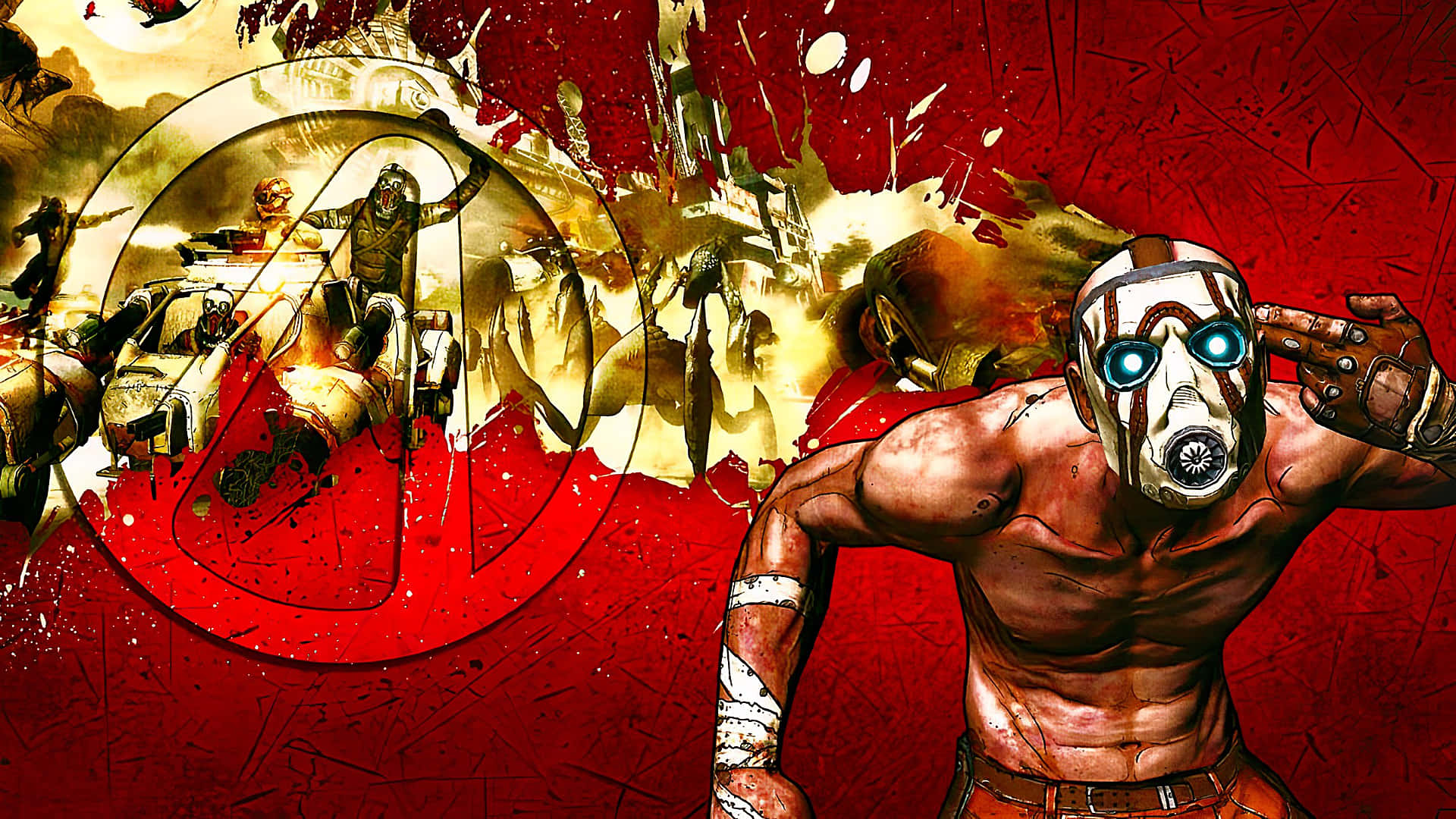 Best Borderlands 3 桌布 壁紙 — 一個肌肉發達、戴面具的戰士，擁有發光的藍色眼睛，用槍指向一個充滿動作場景的混亂紅金背景。
