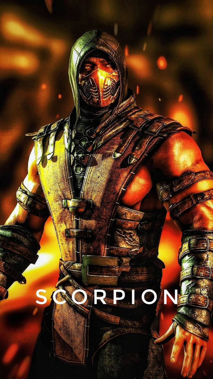Mortal Kombat 角色 Scorpion 穿著黑色盔甲在熾熱背景前 — Fire Emblem Warriors 壁紙