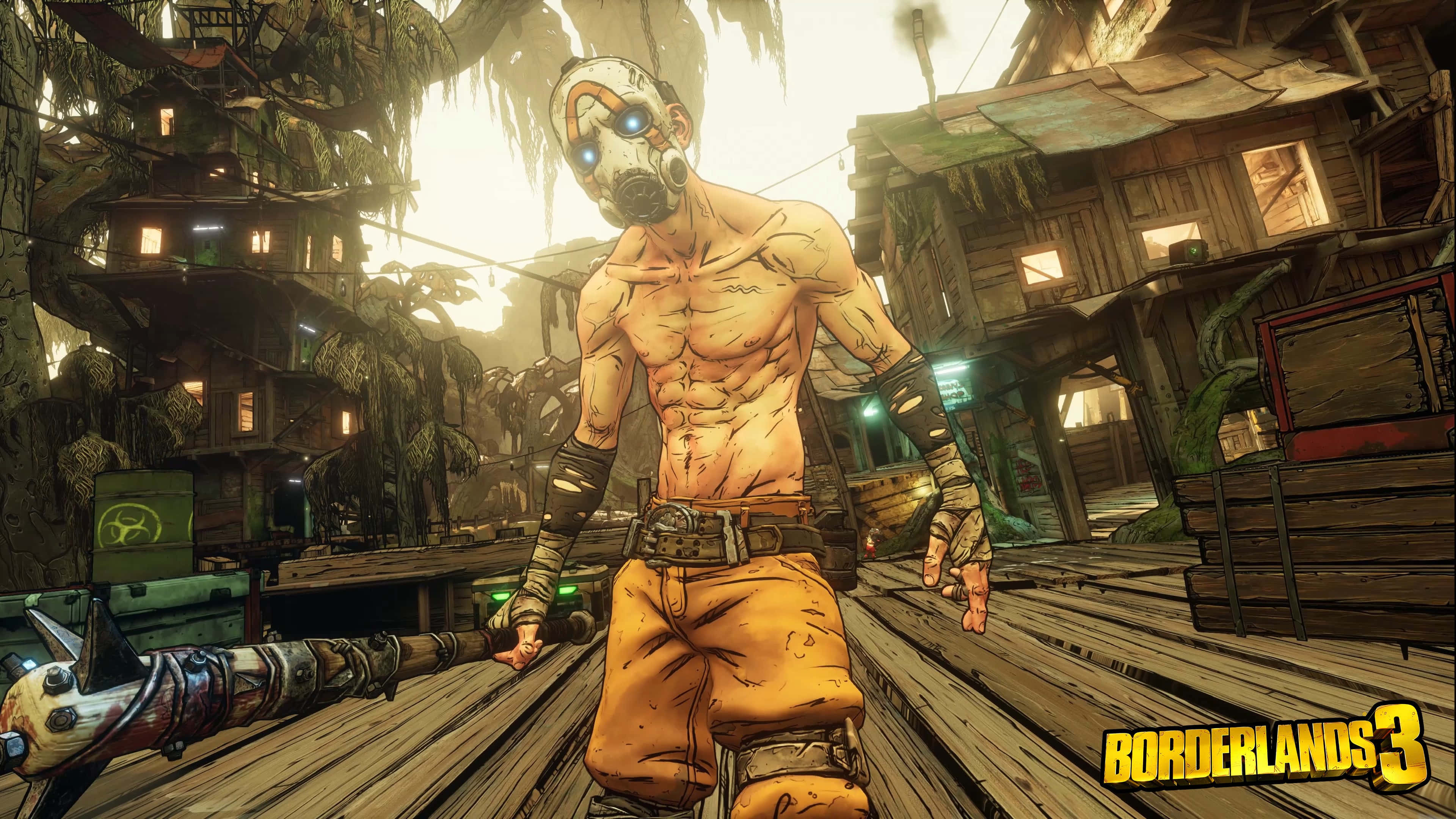 4K Borderlands 3 桌布 壁紙 — 一個肌肉發達、戴面具的角色站在叢林前哨站的木製平台上，周圍有發光的窗戶和雜草叢生的建築物。