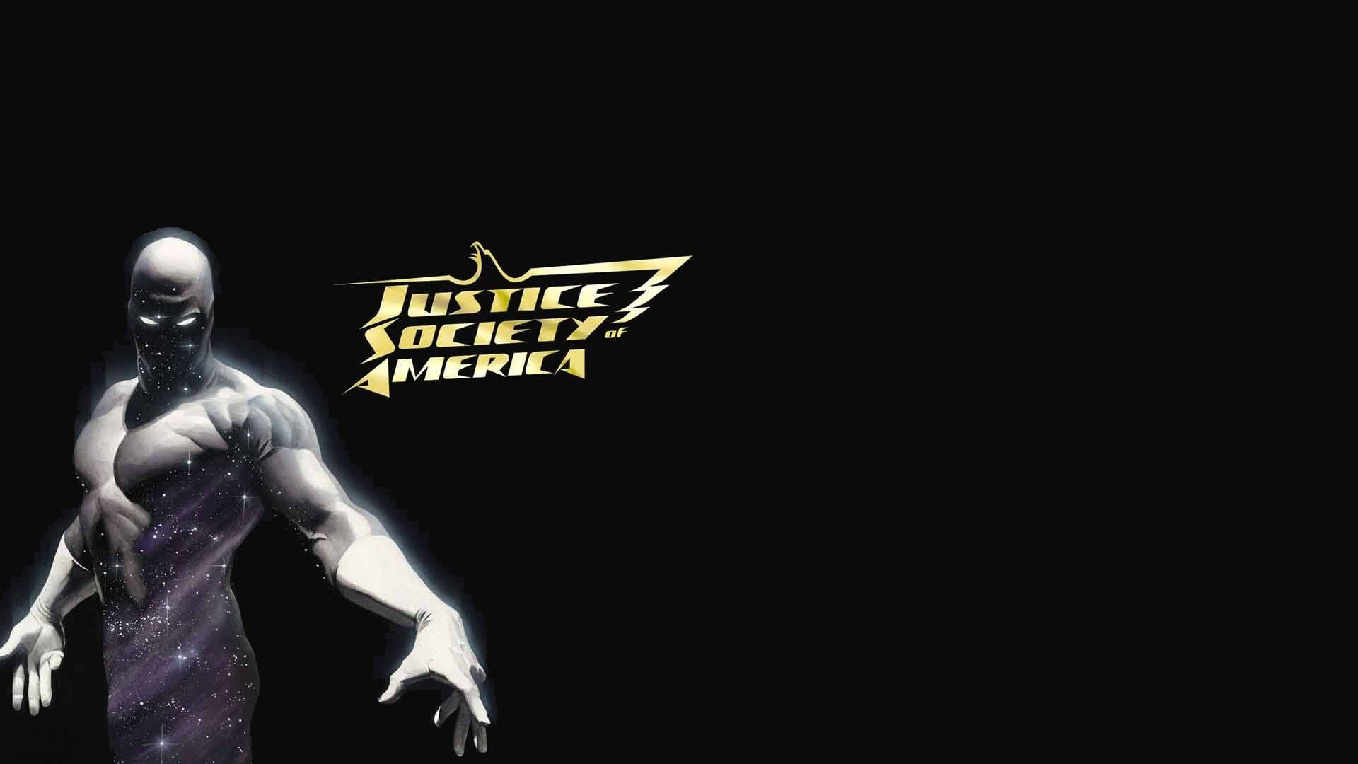 society 桌布 壁紙 — 一個肌肉發達、戴面具的超級英雄，身穿銀河圖案套裝，站在黑色背景前，旁邊是Justice Society of America標誌。