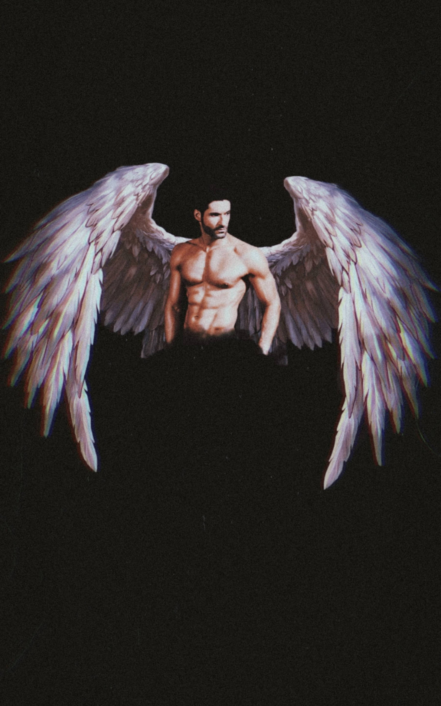 lucifer devil 桌布 壁紙 — 一個肌肉發達、擁有大型白色羽毛翅膀的男人站在黑色背景前，被戲劇性的燈光照亮。