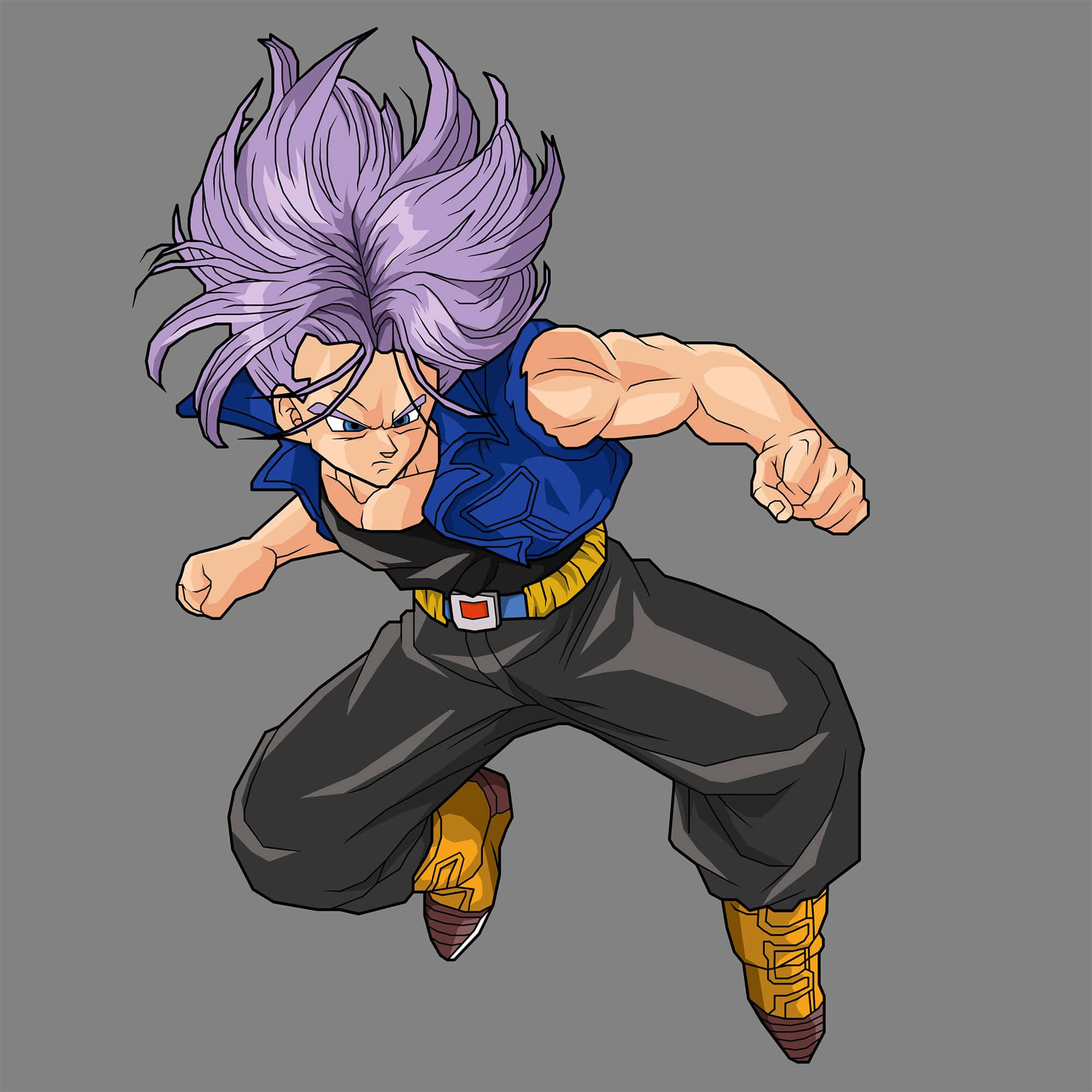 Trunks 桌布 壁紙 — 一個肌肉發達、擁有尖刺紫色頭髮的動漫角色，在純灰色背景前以動態戰鬥姿勢向前躍進。