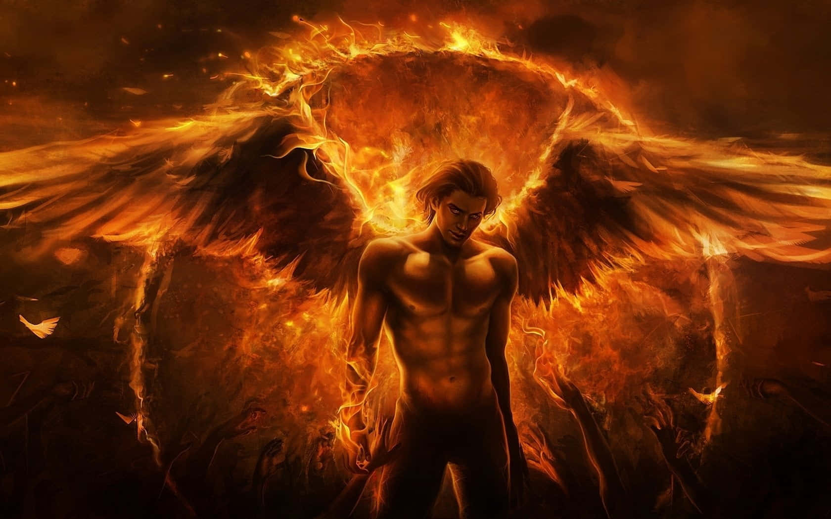 Lucifer Wings 桌布 壁紙 — 一個肌肉發達、擁有火焰翅膀的天使站在火焰中，陰影般的手從下方伸上來。